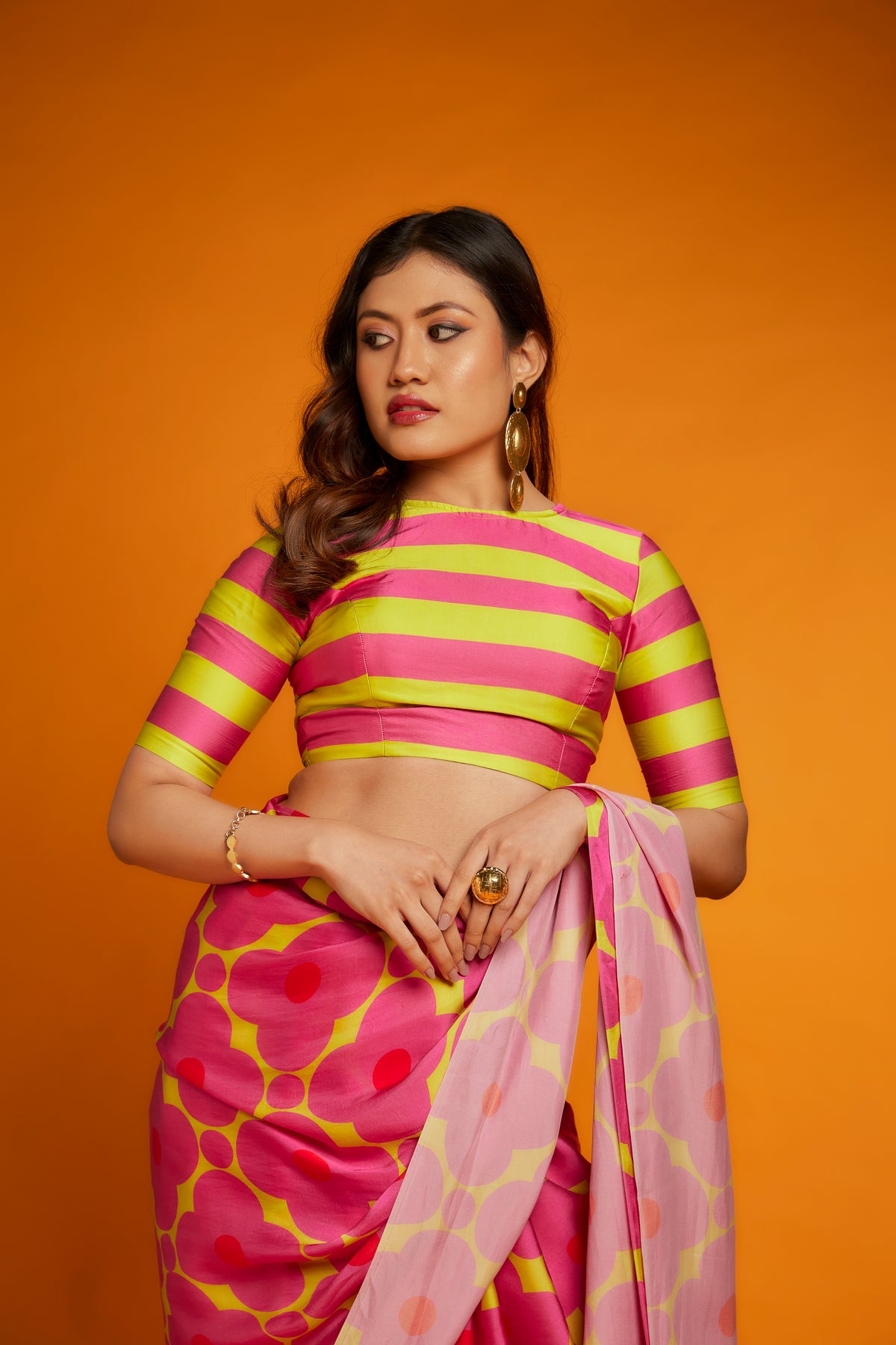 Pink yellow floral printed saree