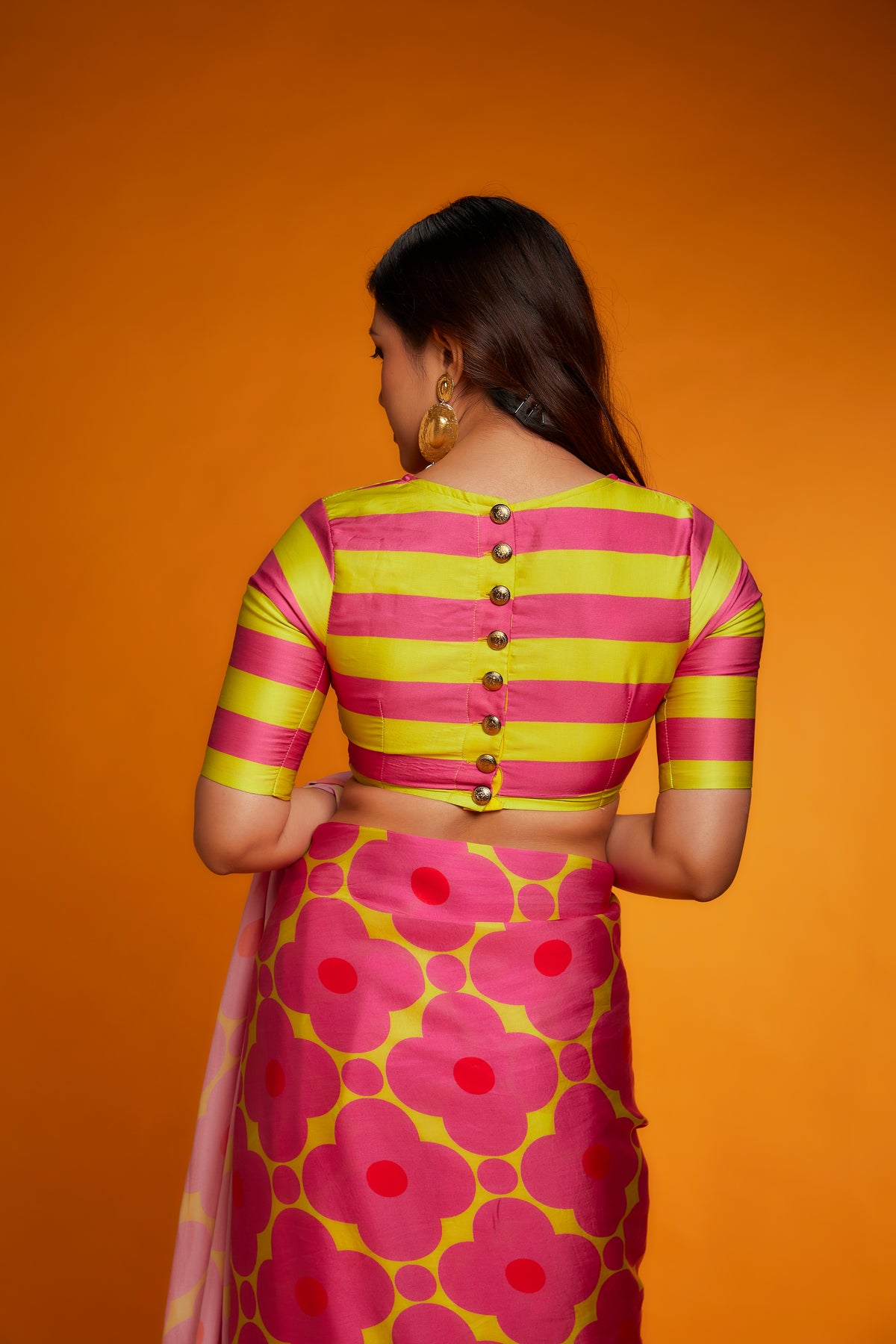 Pink yellow floral printed saree