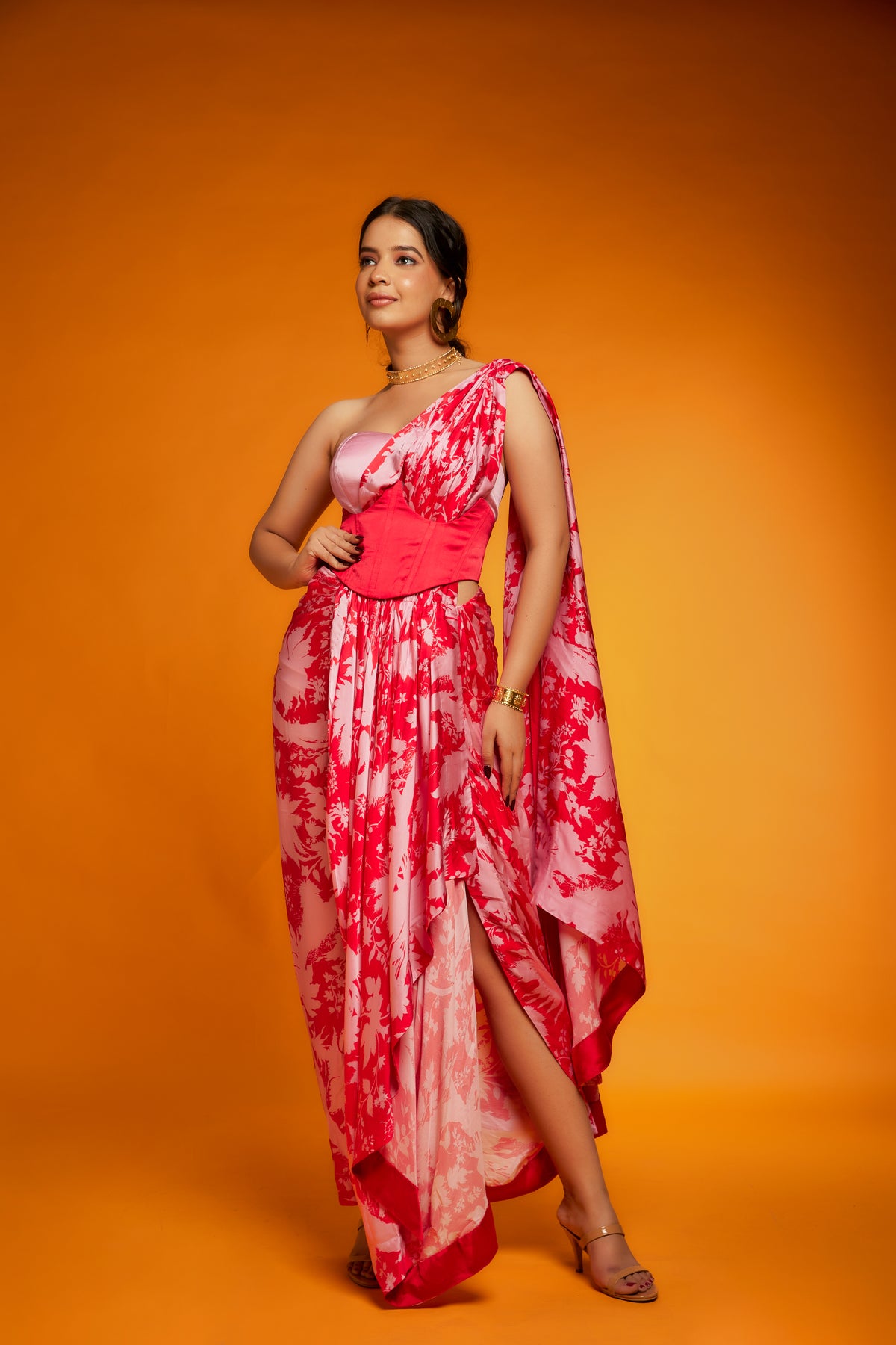Red &amp; pink suzani corset saree