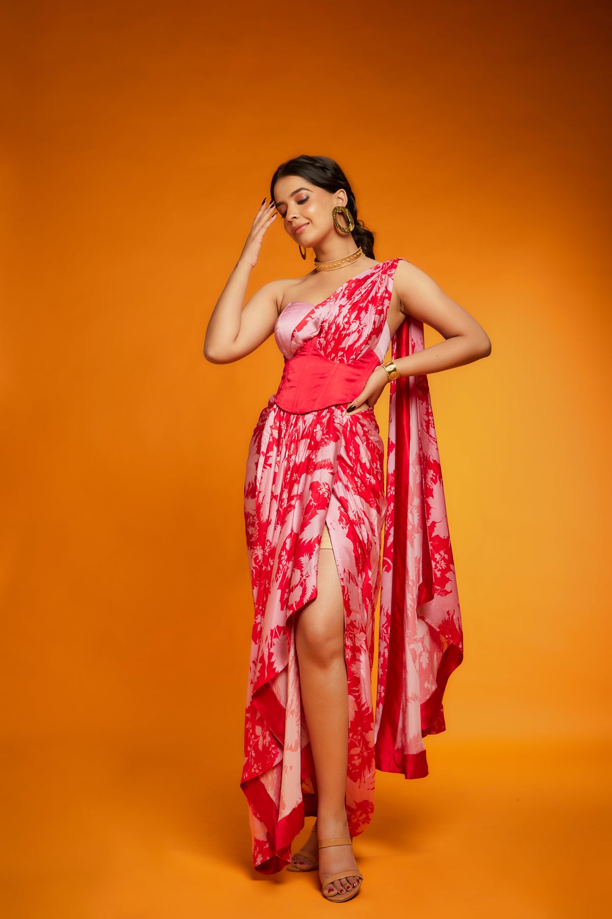 Red &amp; pink suzani corset saree