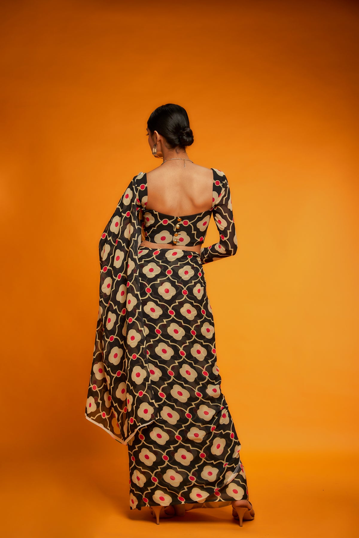 Black beige printed saree