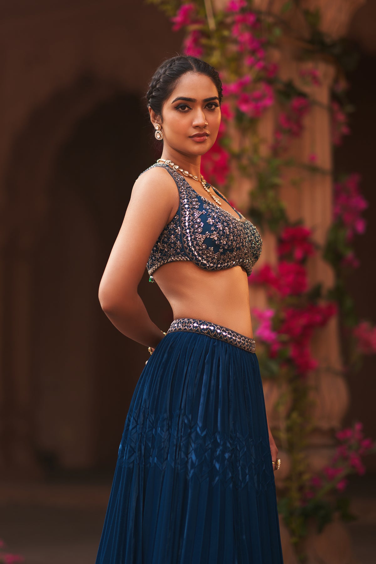 Teal Blue Pleated Lehenga Set