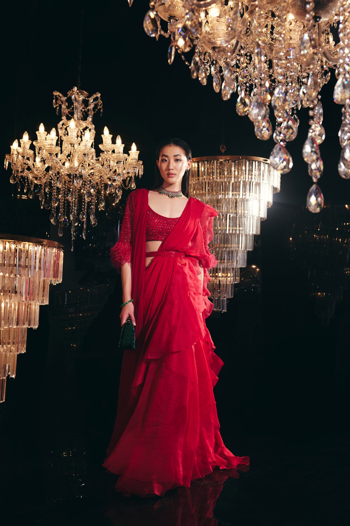 Fulvia Red Drape Saree Set