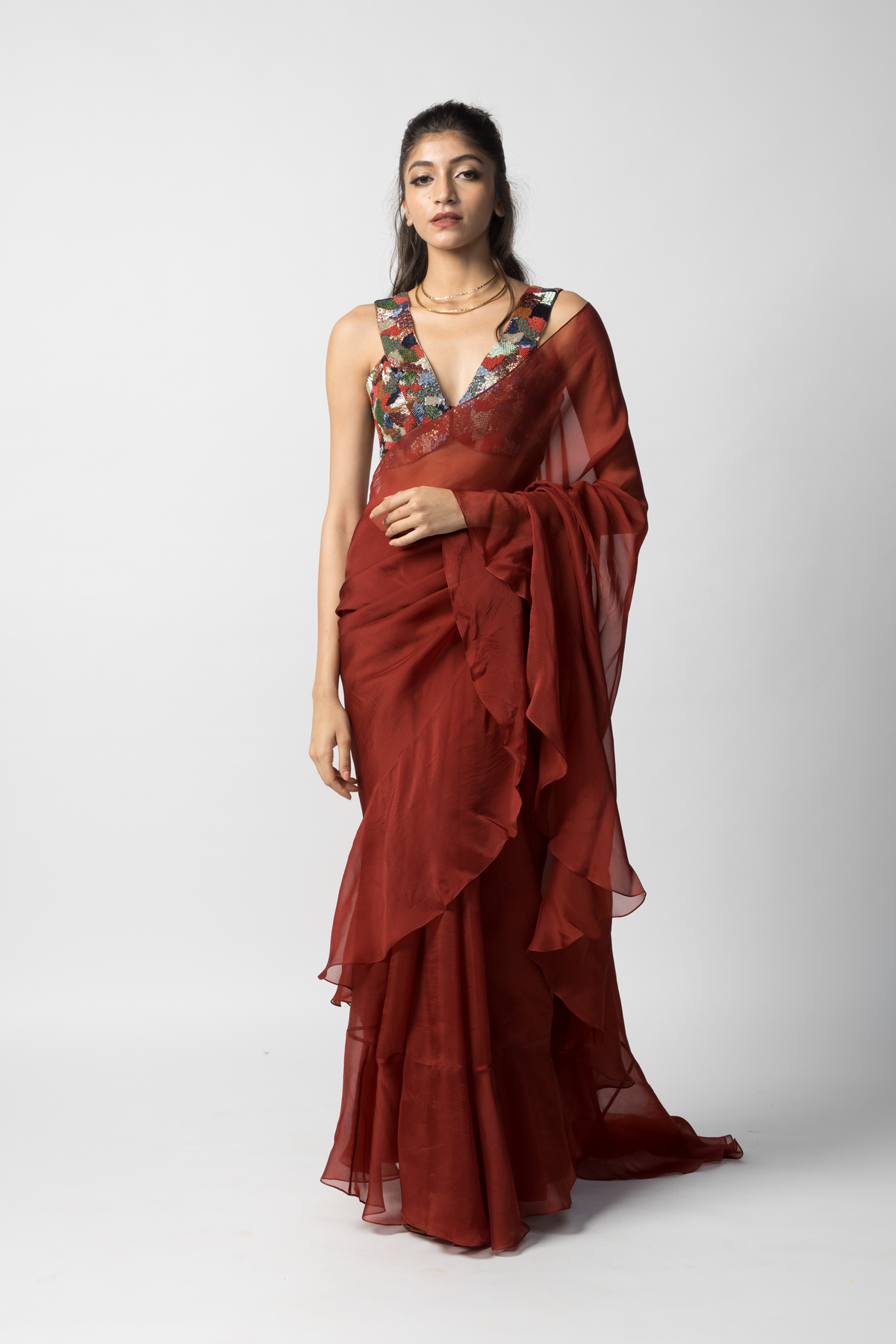 Ruby Ruffled Saree
