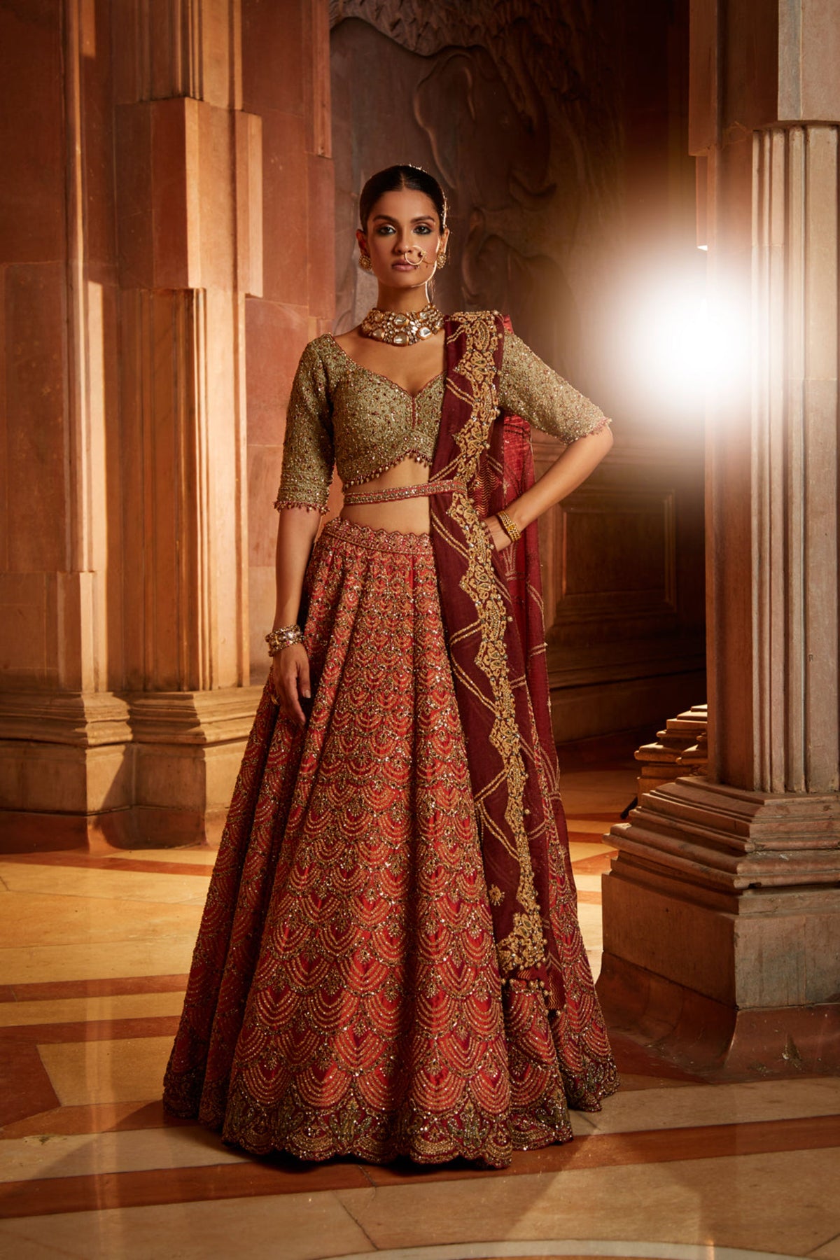 Rust Tafetta Lehenga Set