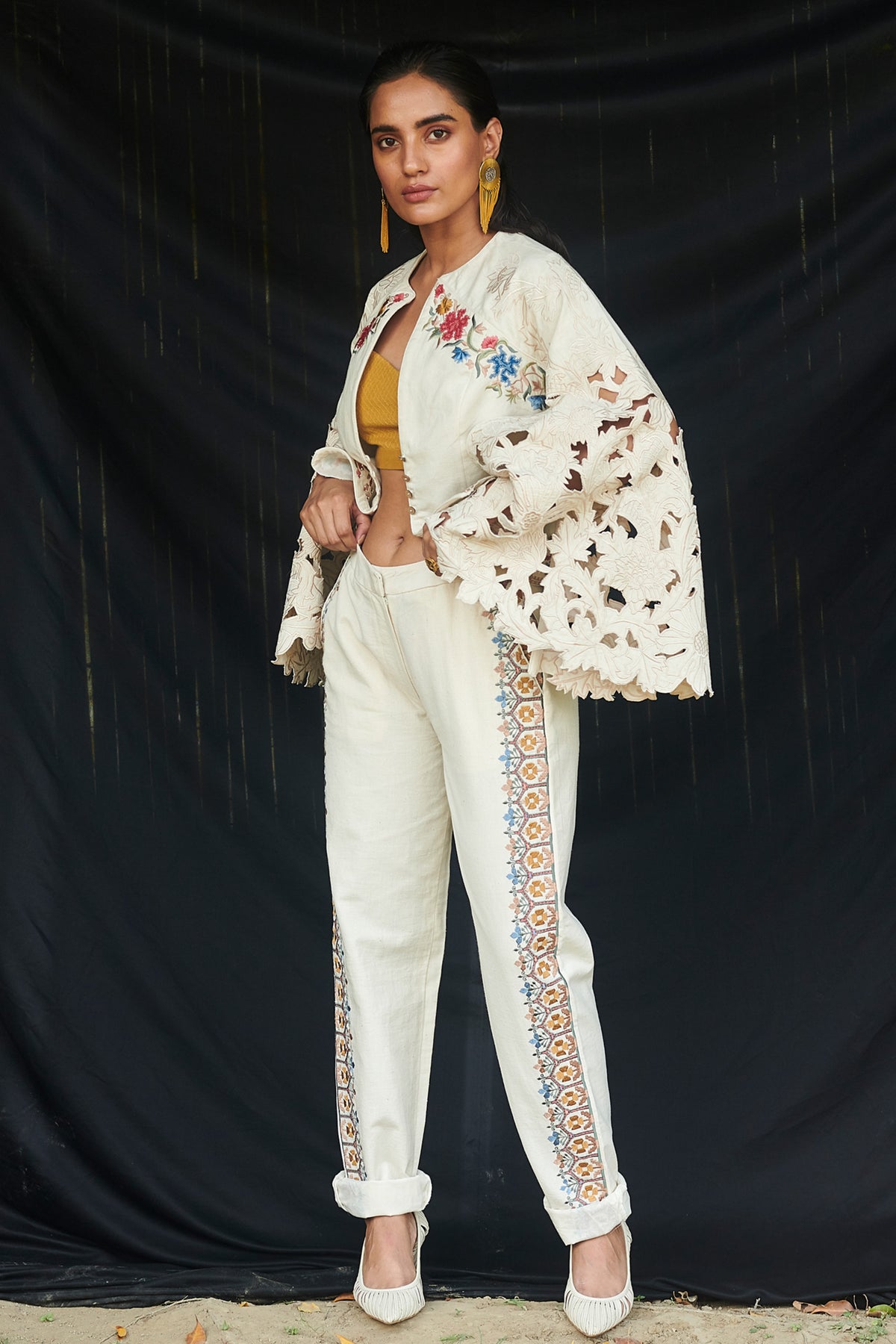 Ivory embroidered pants