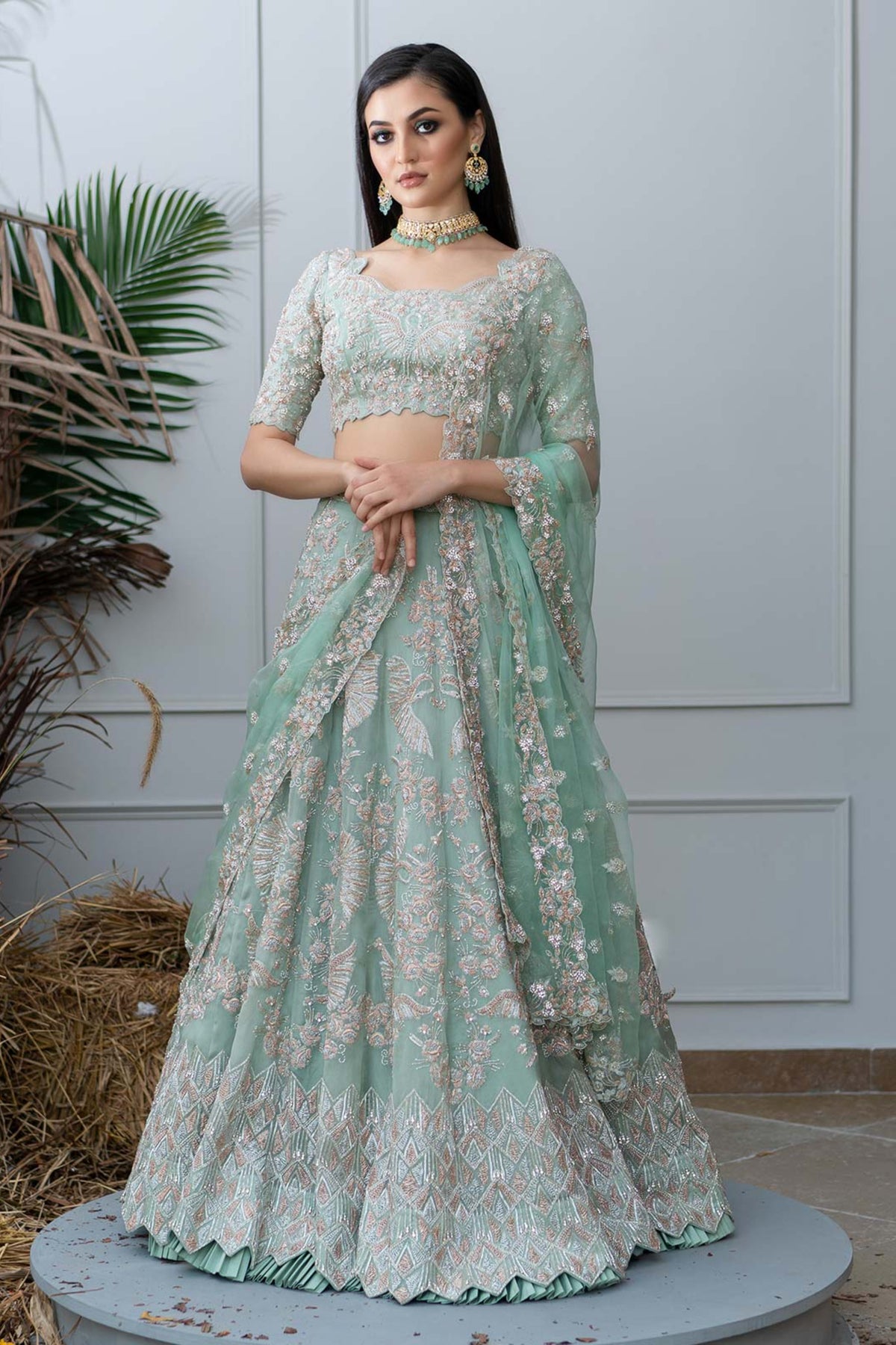 Art nouveau green bird lehenga set