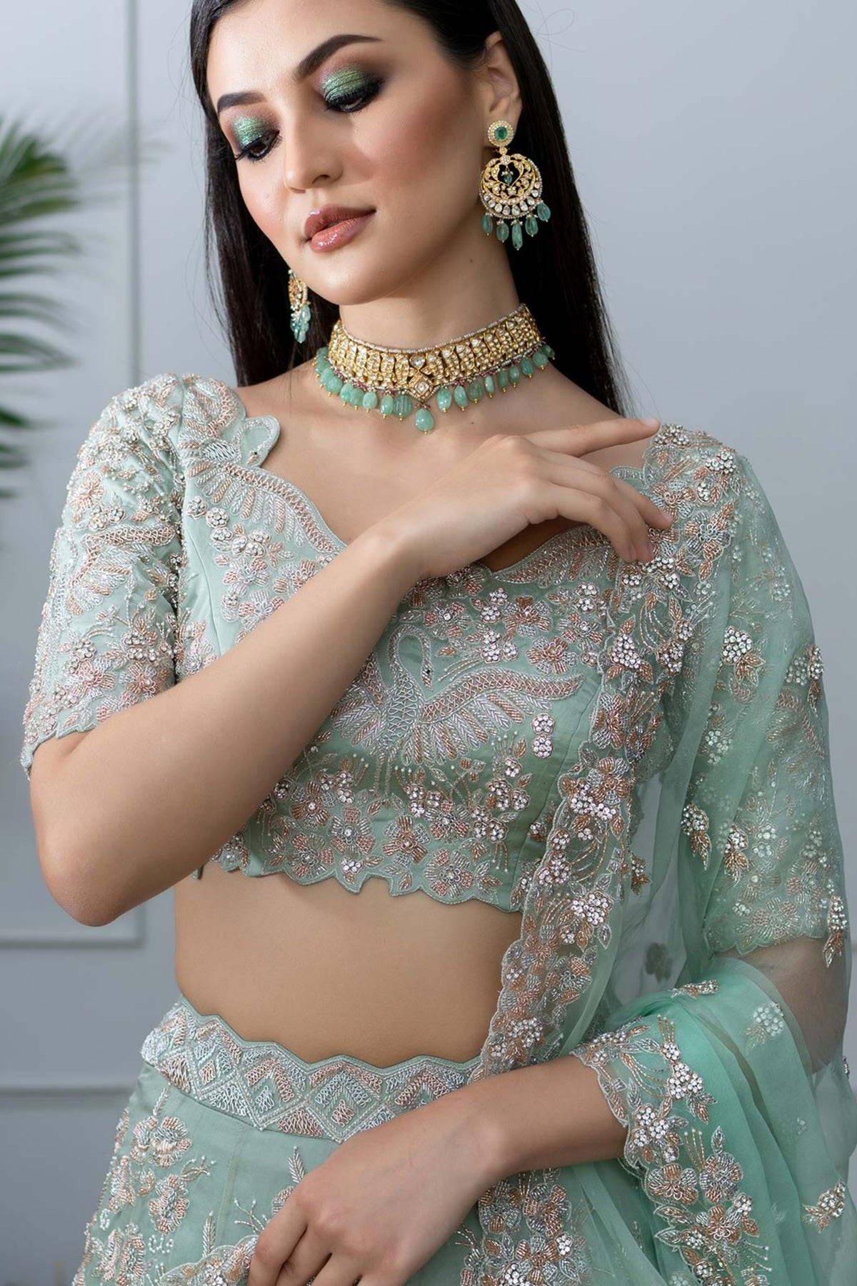 Art nouveau green bird lehenga set