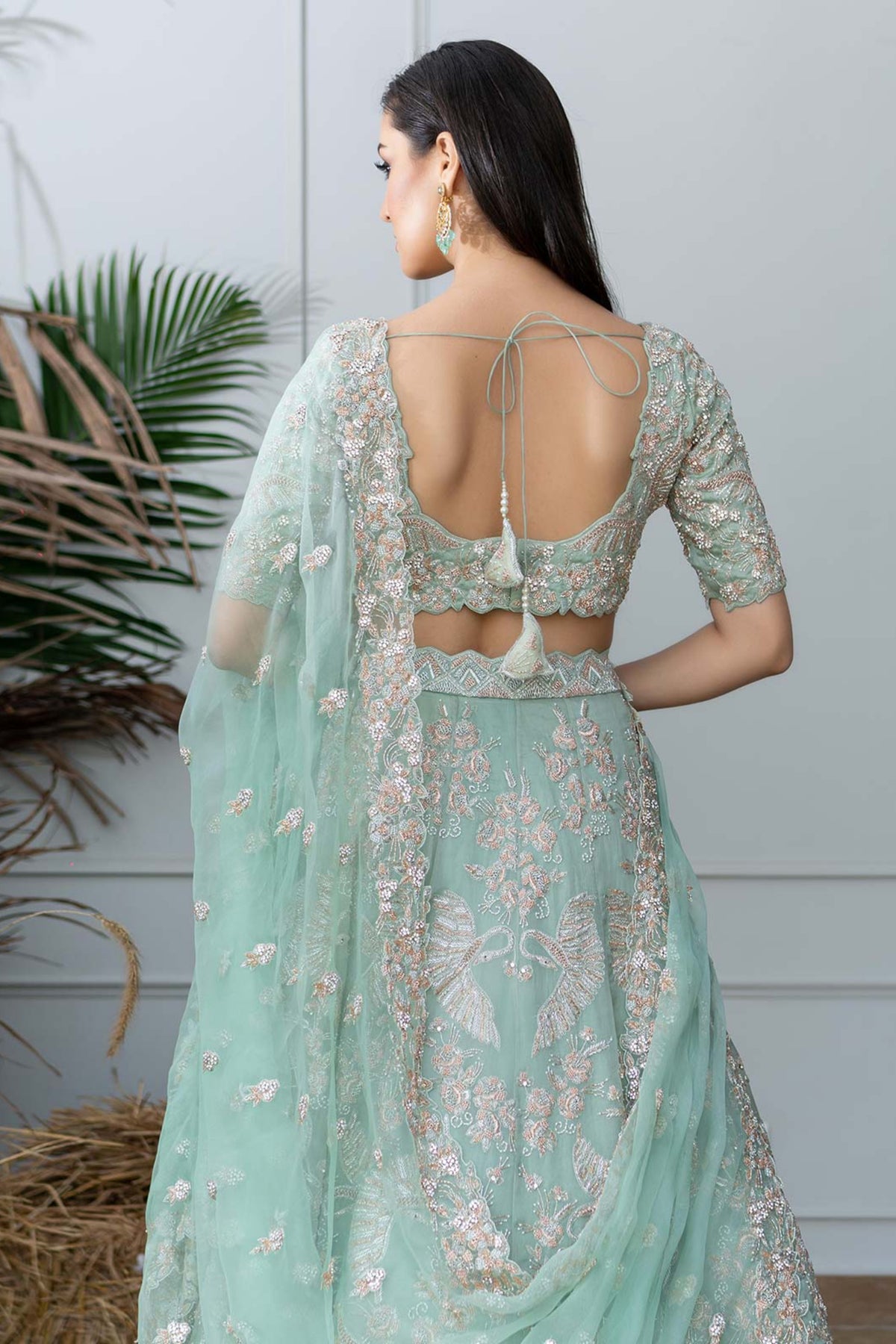 Art nouveau green bird lehenga set