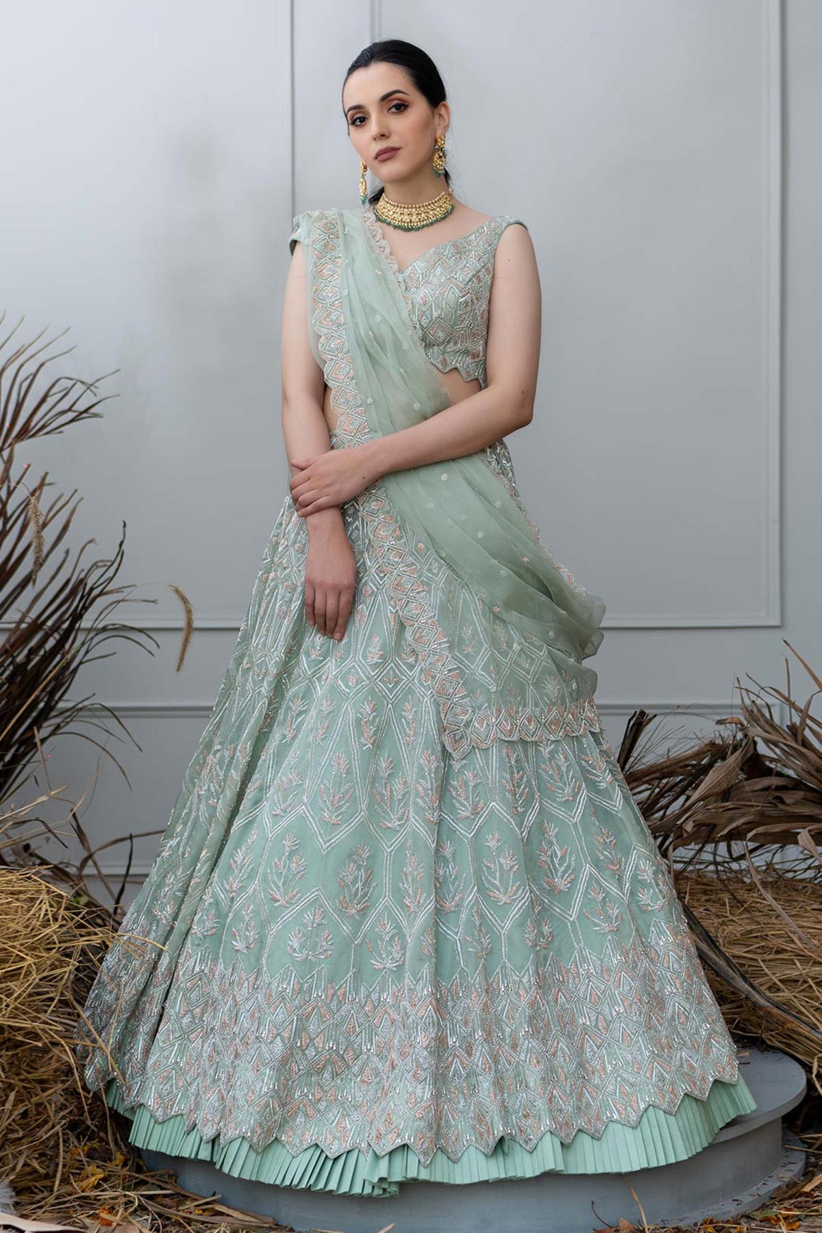 Art nouveau green diamond lehenga set