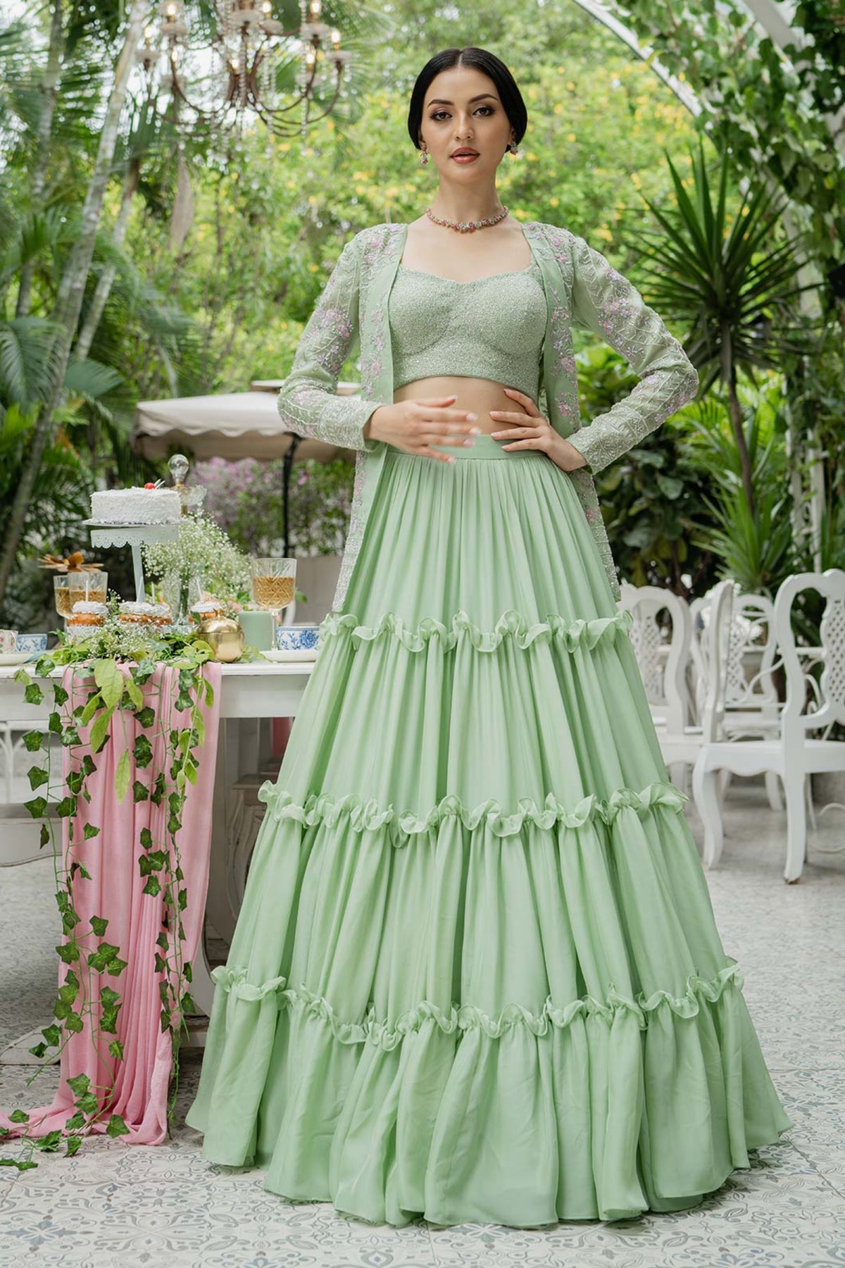 Pistachio Green Tiered Lehenga Set