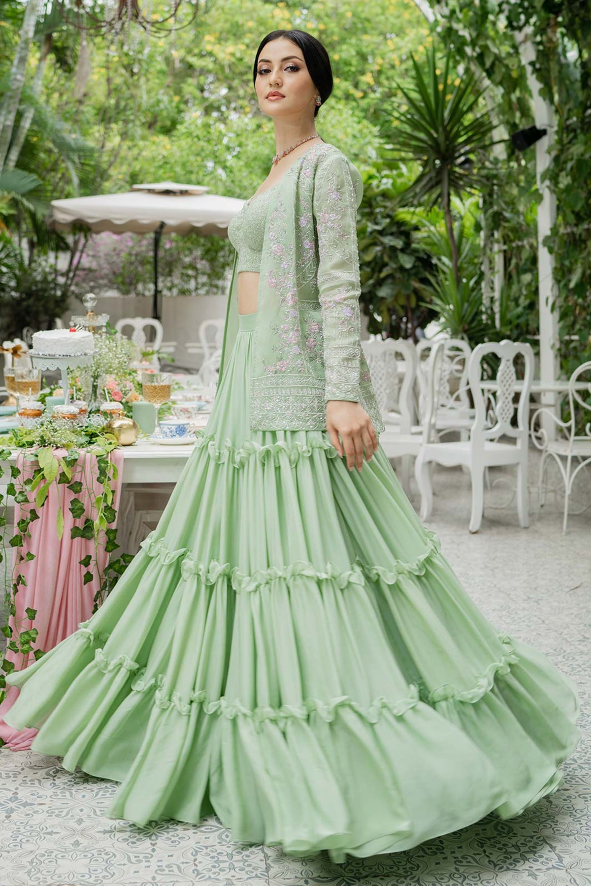 Pistachio Green Tiered Lehenga Set