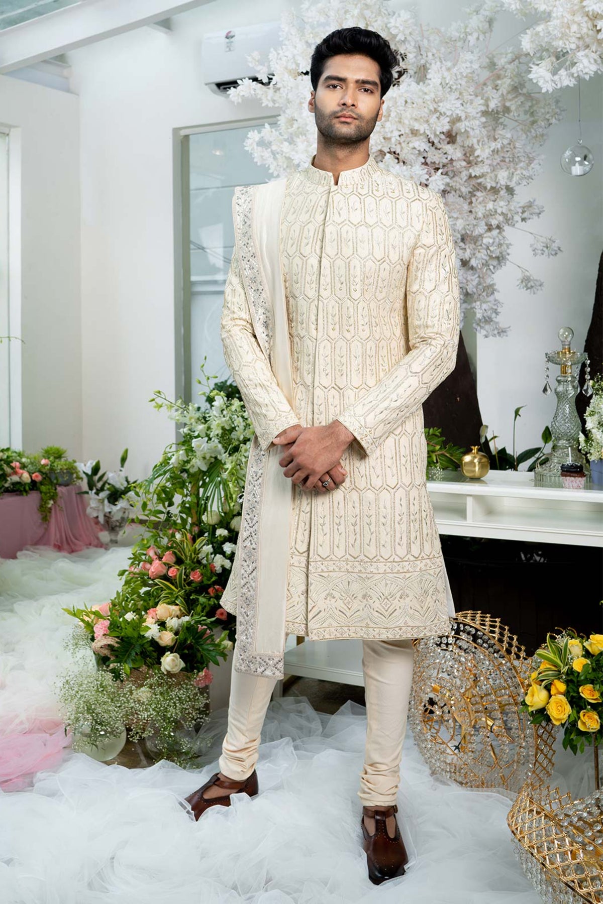 Embroidered Beige Sherwani Set With Stole