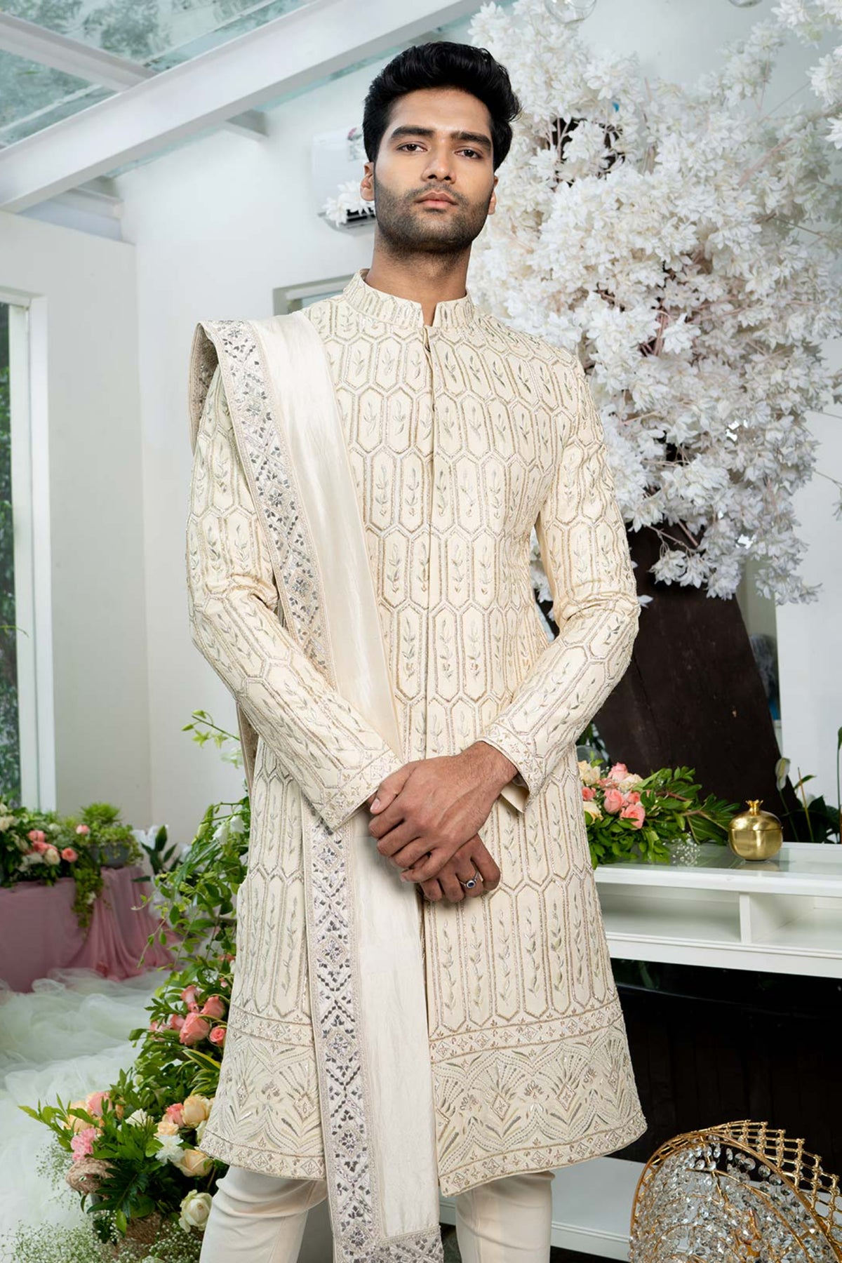 Embroidered Beige Sherwani Set With Stole