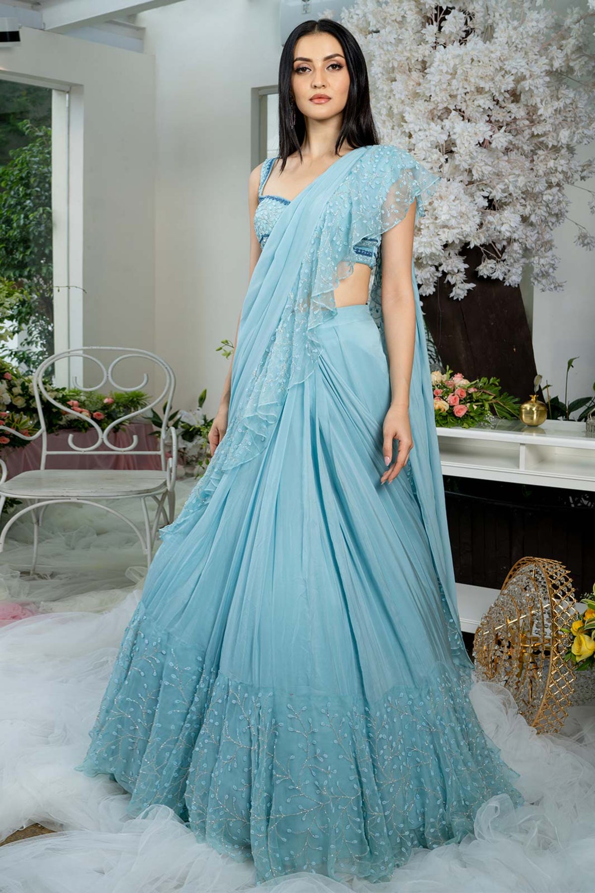 Icy Blue Pre Draped Ruffled Saree