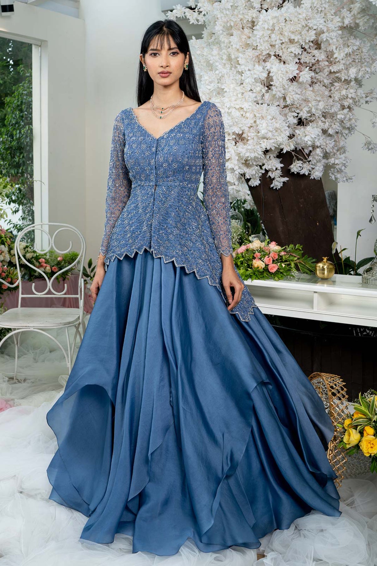 Twilight Blue Organza Lehenga