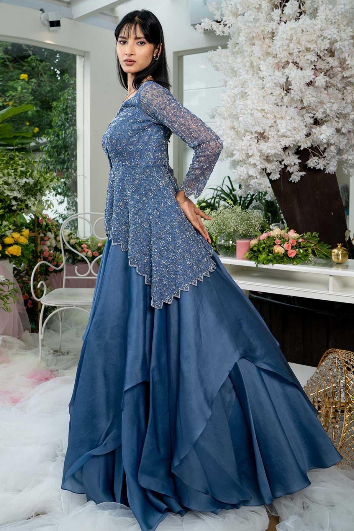 Twilight Blue Organza Lehenga