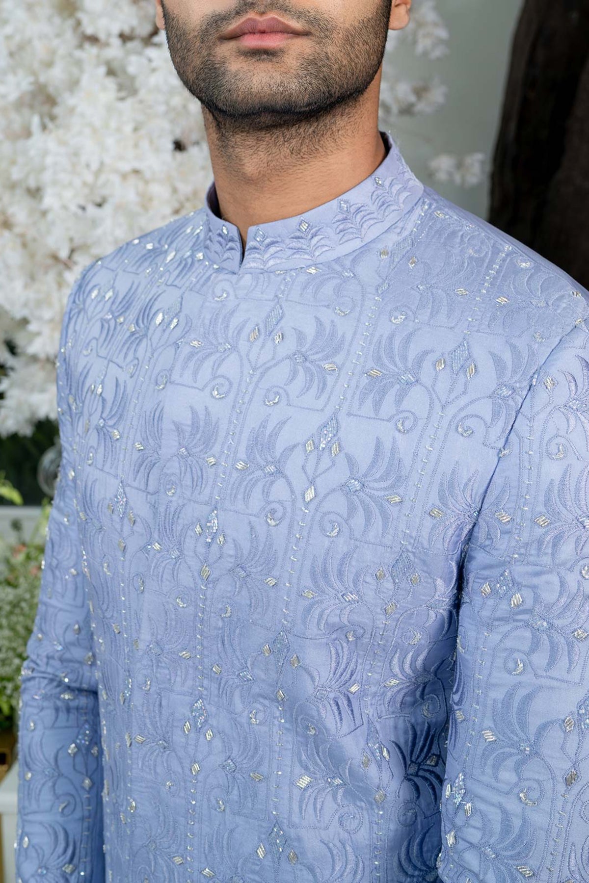 Lilac Blue Geometric Floral Sherwani Set