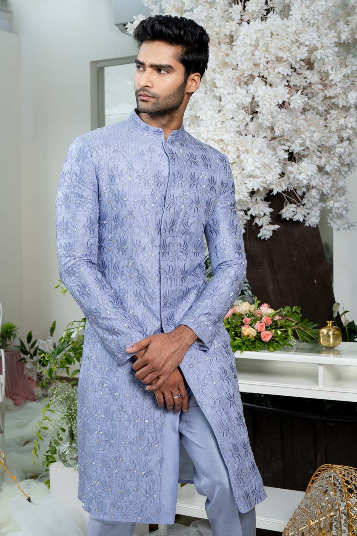 Lilac Blue Geometric Floral Sherwani Set