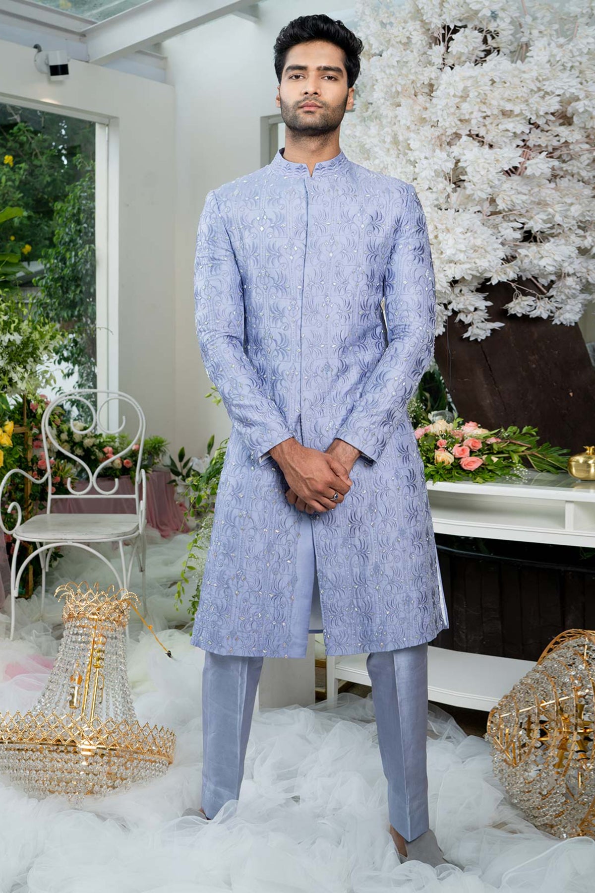 Lilac Blue Geometric Floral Sherwani Set