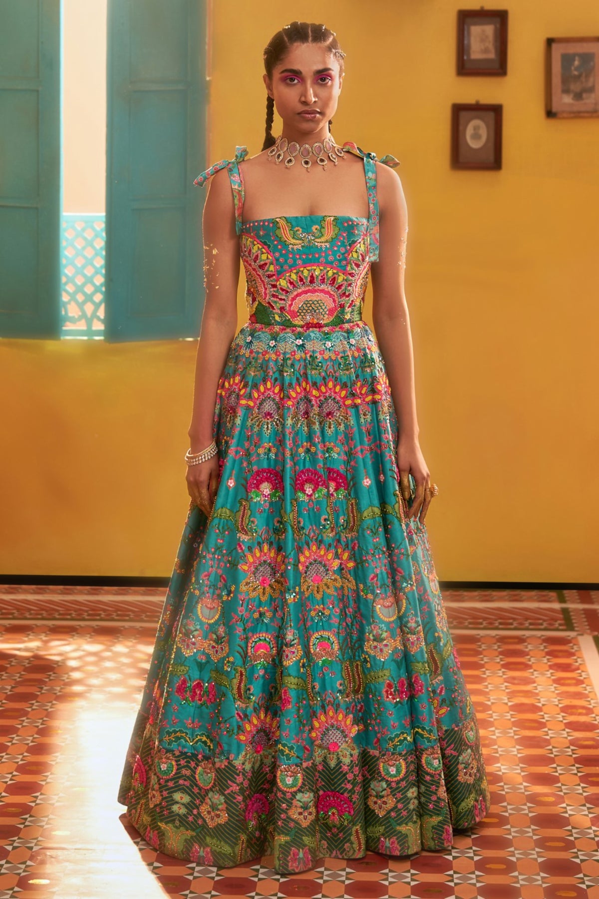 Hawaiian Teal Embroidered Corseted Gown