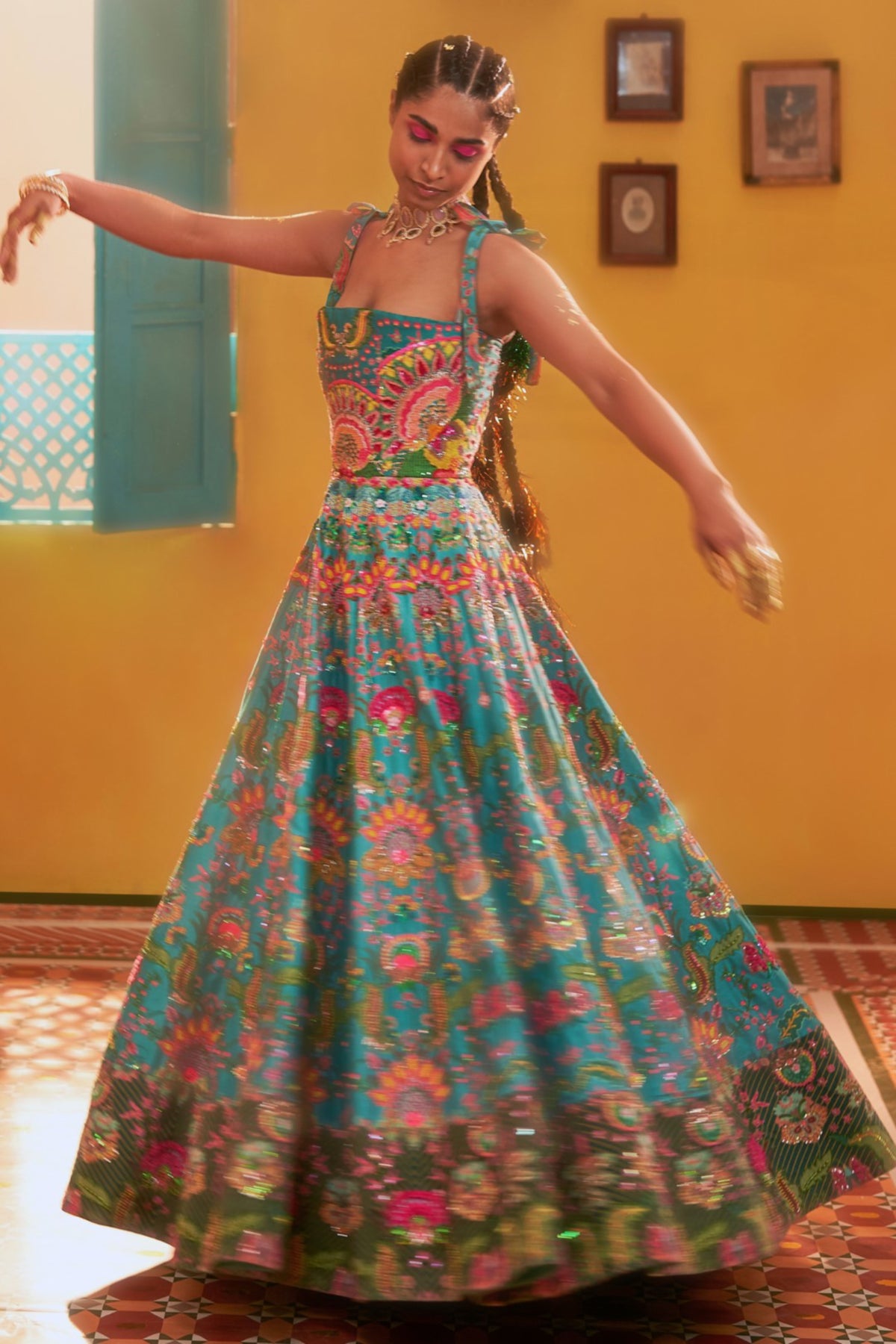 Hawaiian Teal Embroidered Corseted Gown