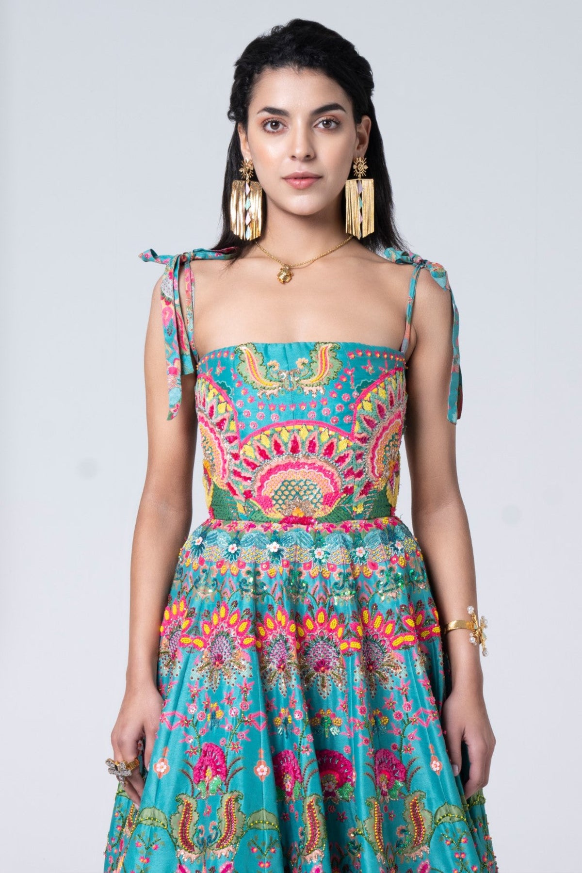 Hawaiian Teal Embroidered Corseted Gown