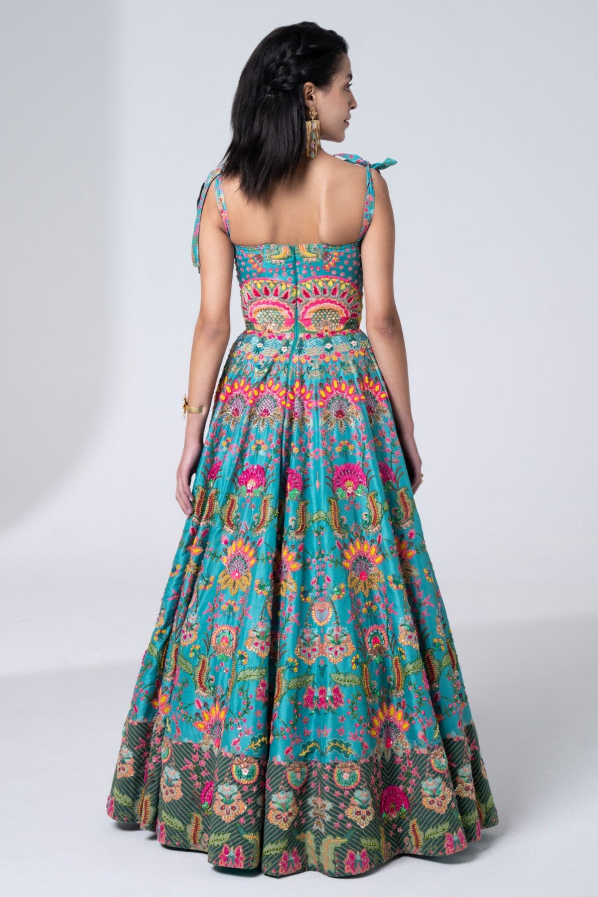 Hawaiian Teal Embroidered Corseted Gown
