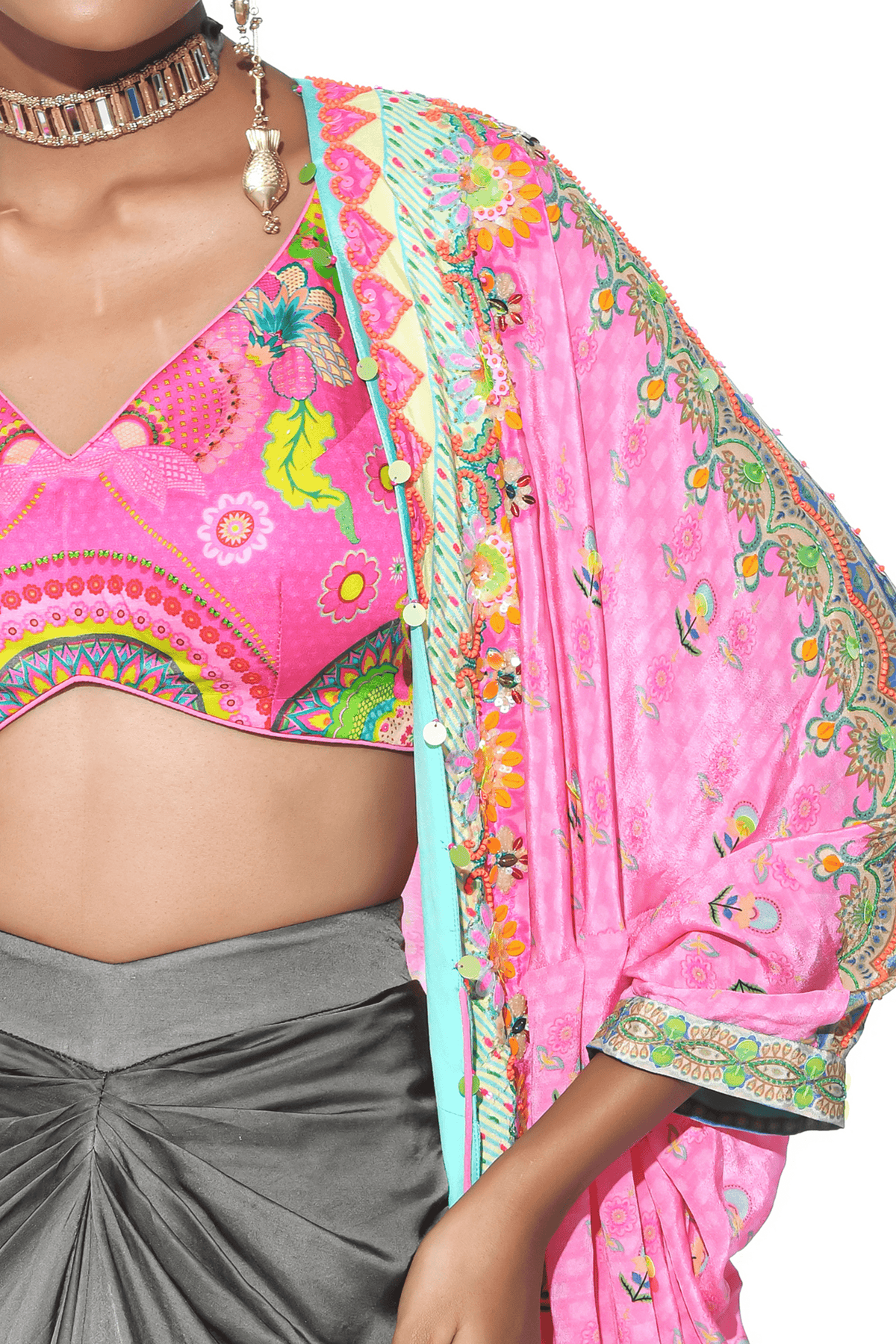 Garden Pink Hand Embroidered Shrug Set