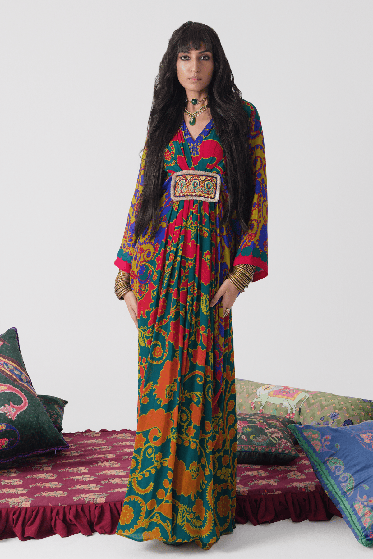 Emerald Royal Paisely Belt Kaftan