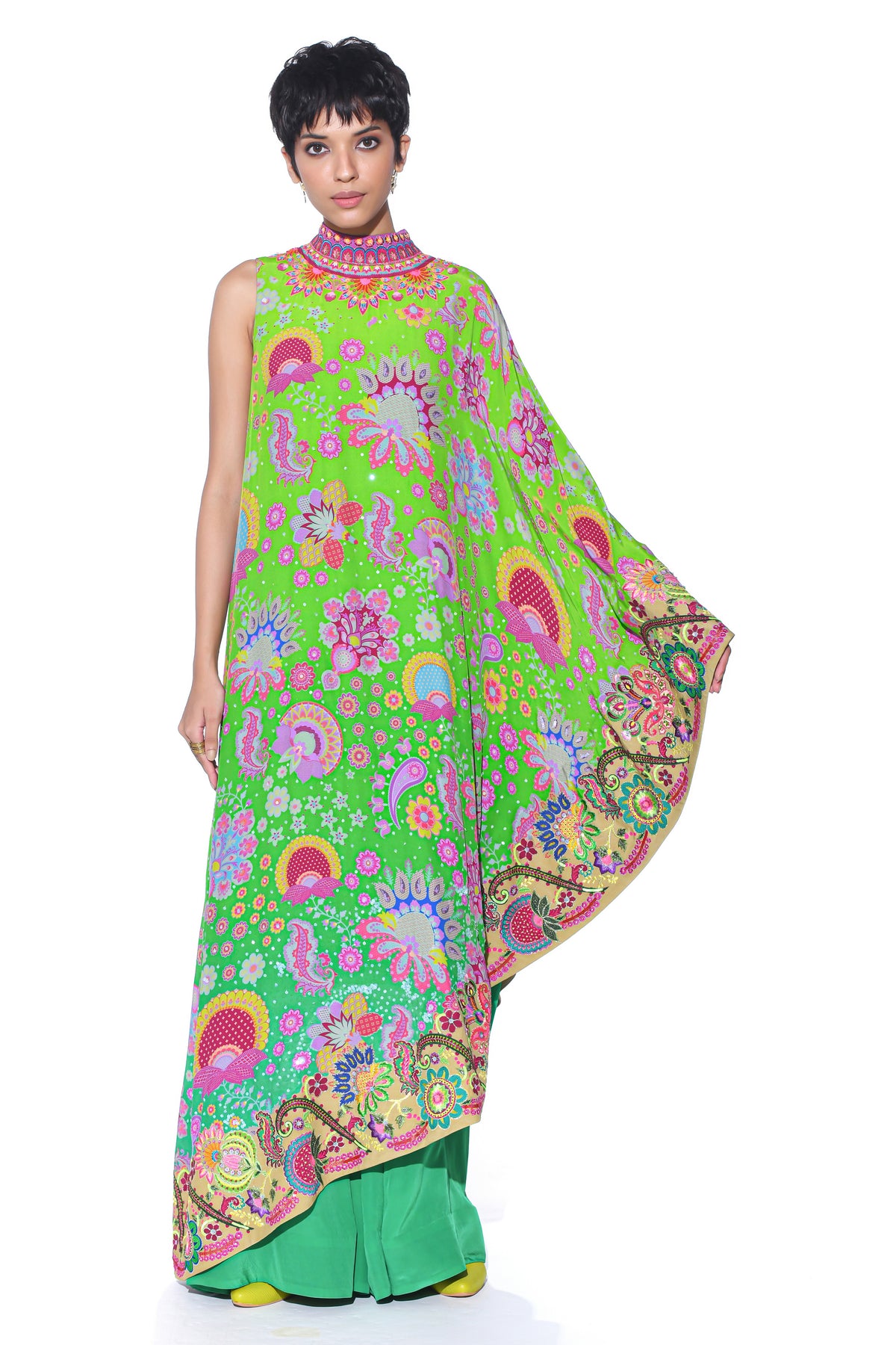 Neon Grean Embroidered One Shoulder Dress and Jumpsuit