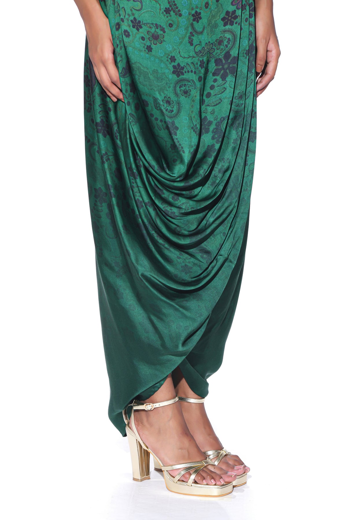 Pink and Teal Embroidered One Shoulder Top and Drape Skirt