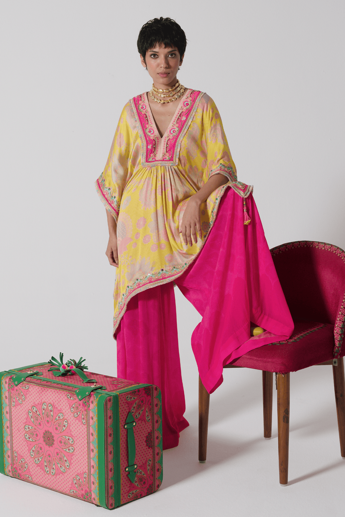 Bright Yellow Kaftan Top Set