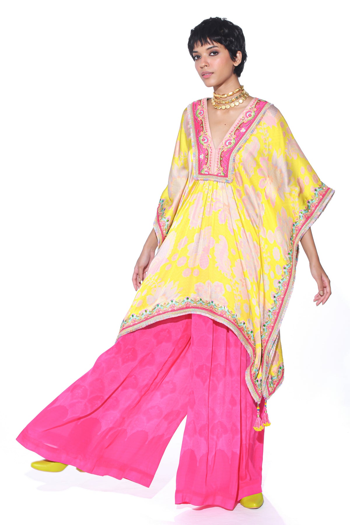 Bright Yellow Kaftan Top Set