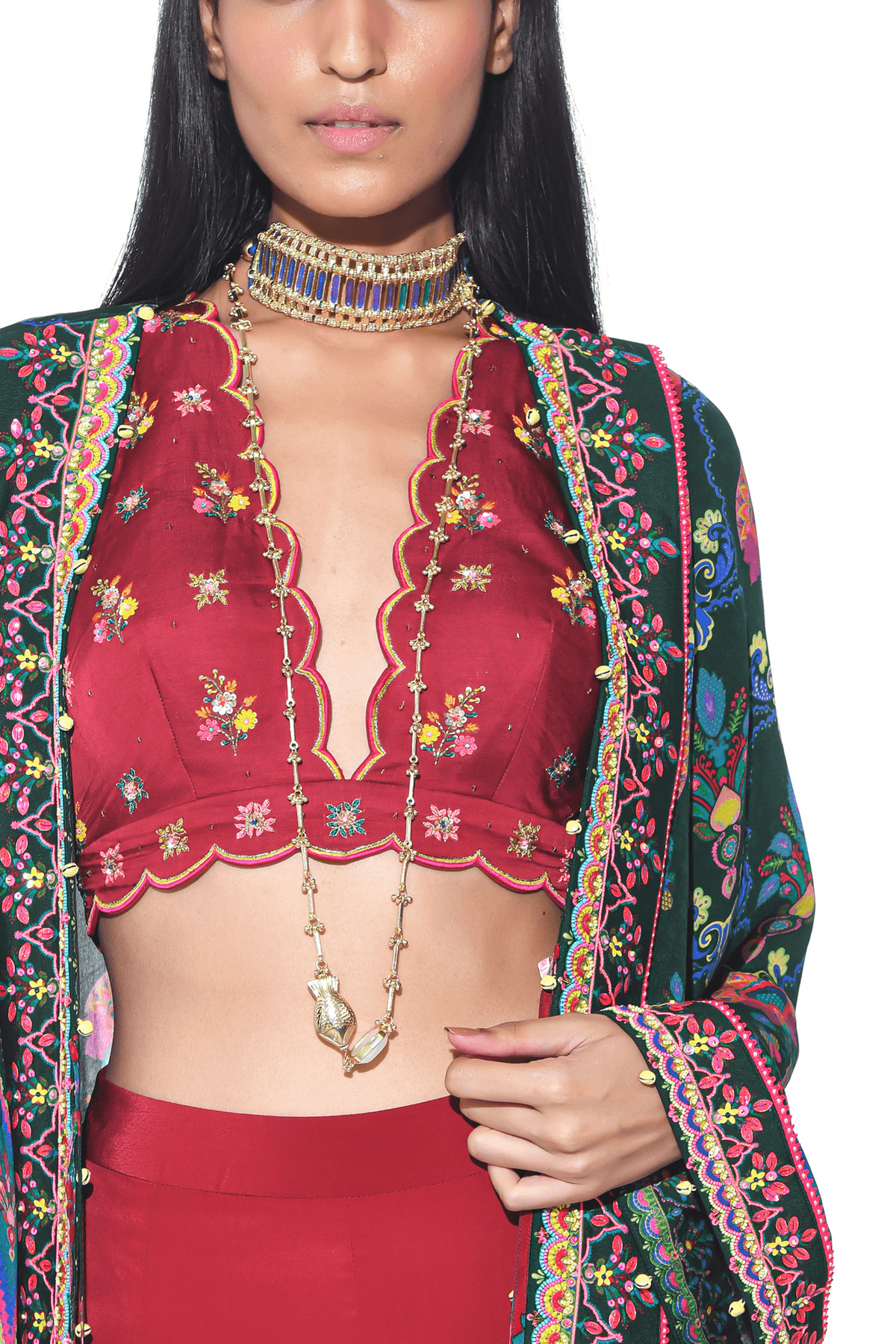 Bottle Green Embroidered  Shrug, Sharara Set