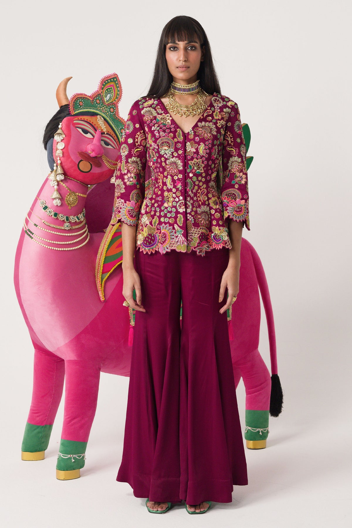 Crimson Red Embroidered Peplum Top Sharara Set