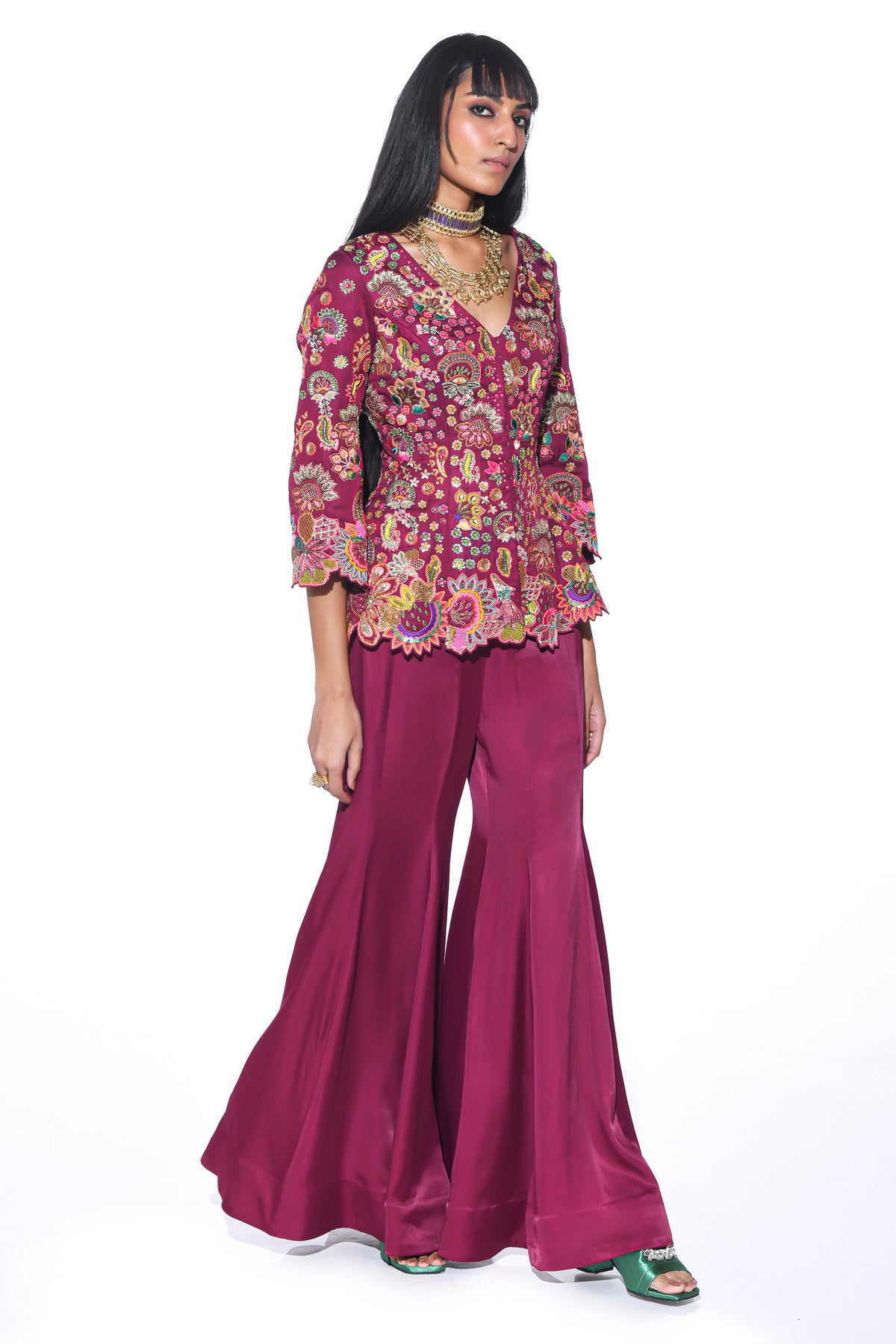 Crimson Red Embroidered Peplum Top Sharara Set