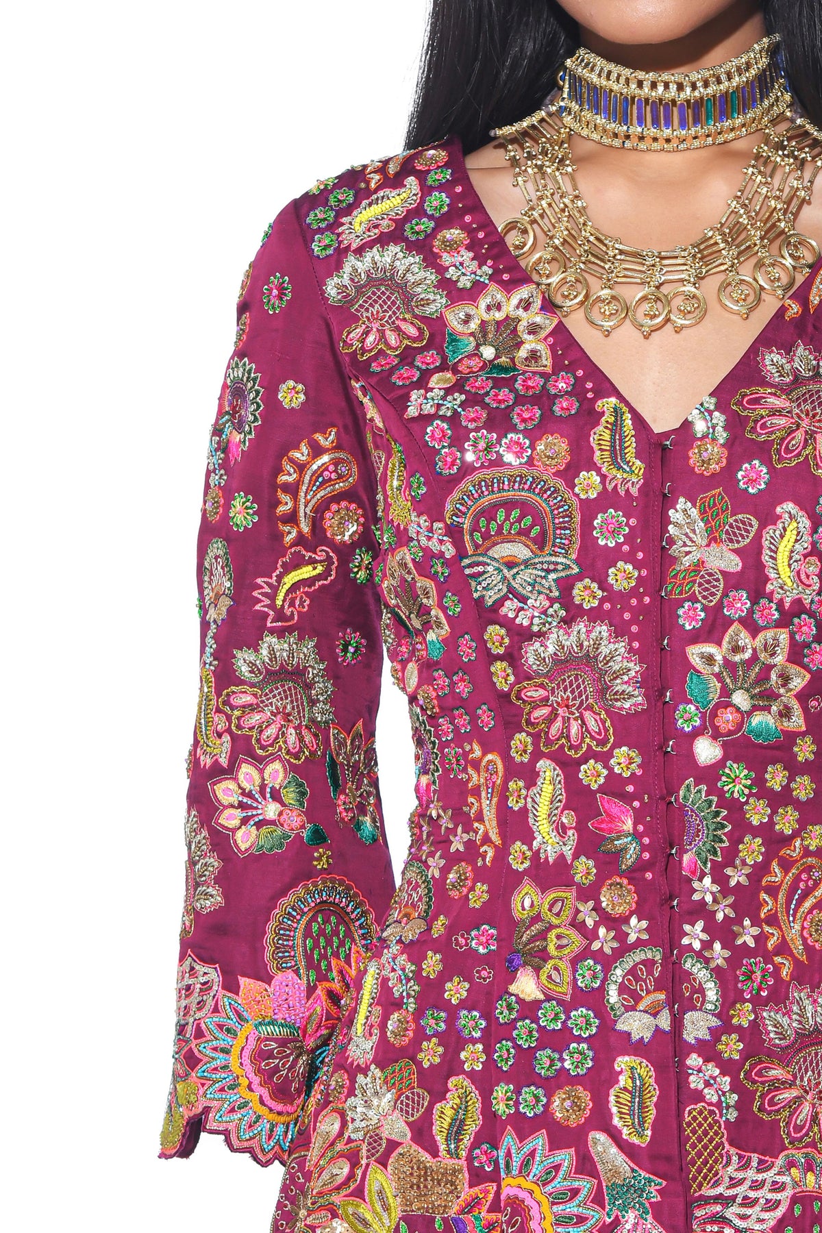 Crimson Red Embroidered Peplum Top Sharara Set