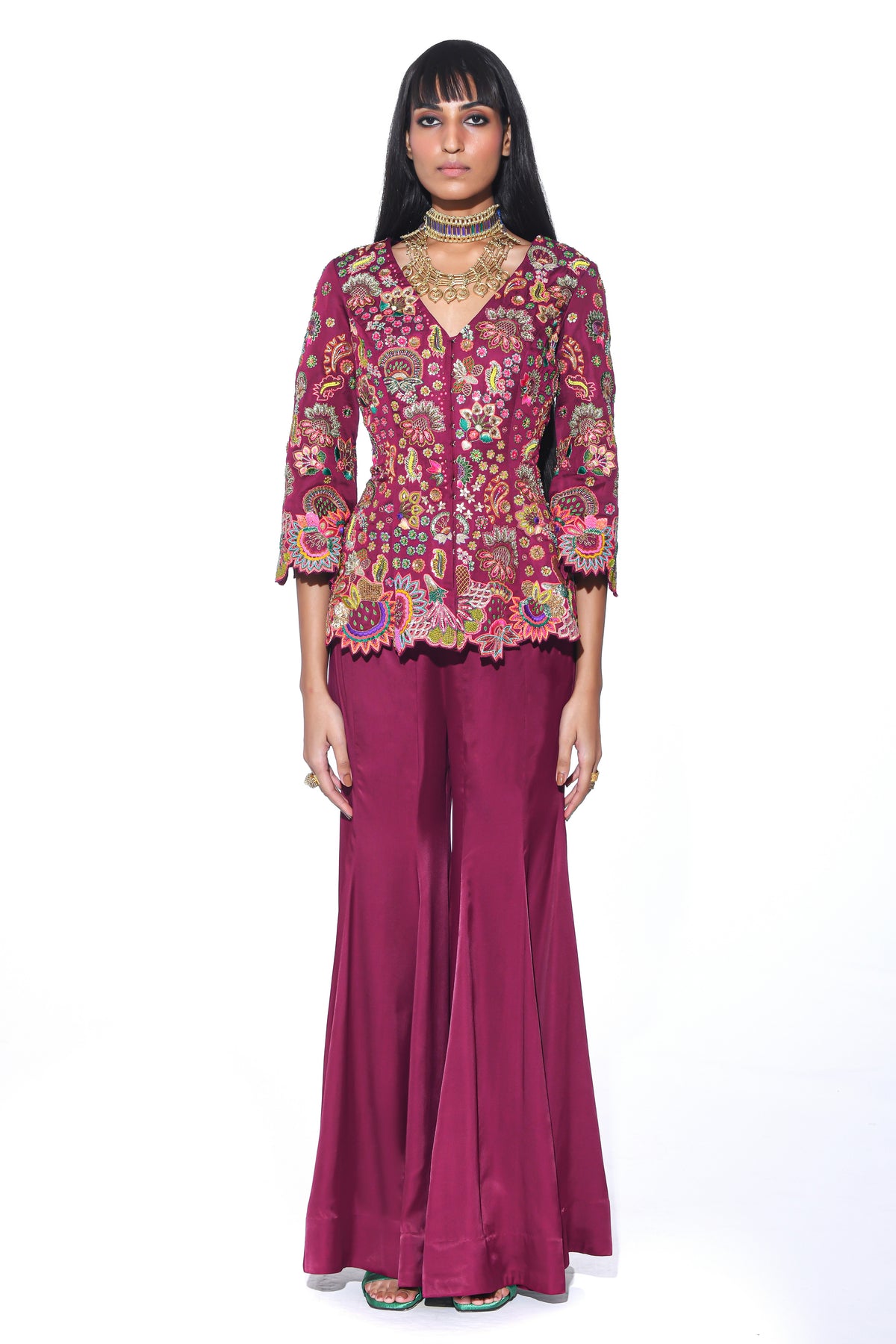 Crimson Red Embroidered Peplum Top Sharara Set