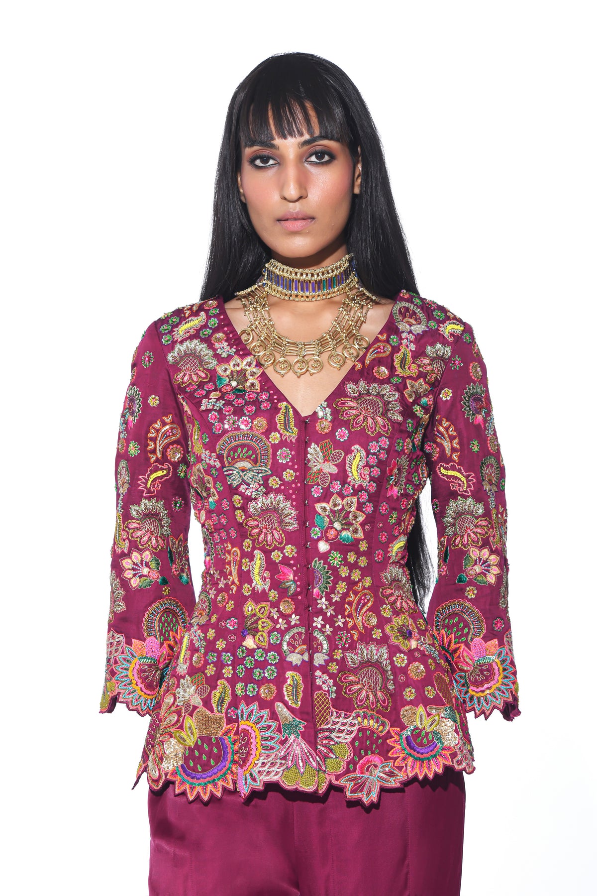 Crimson Red Embroideered Peplum Top Sharara Set