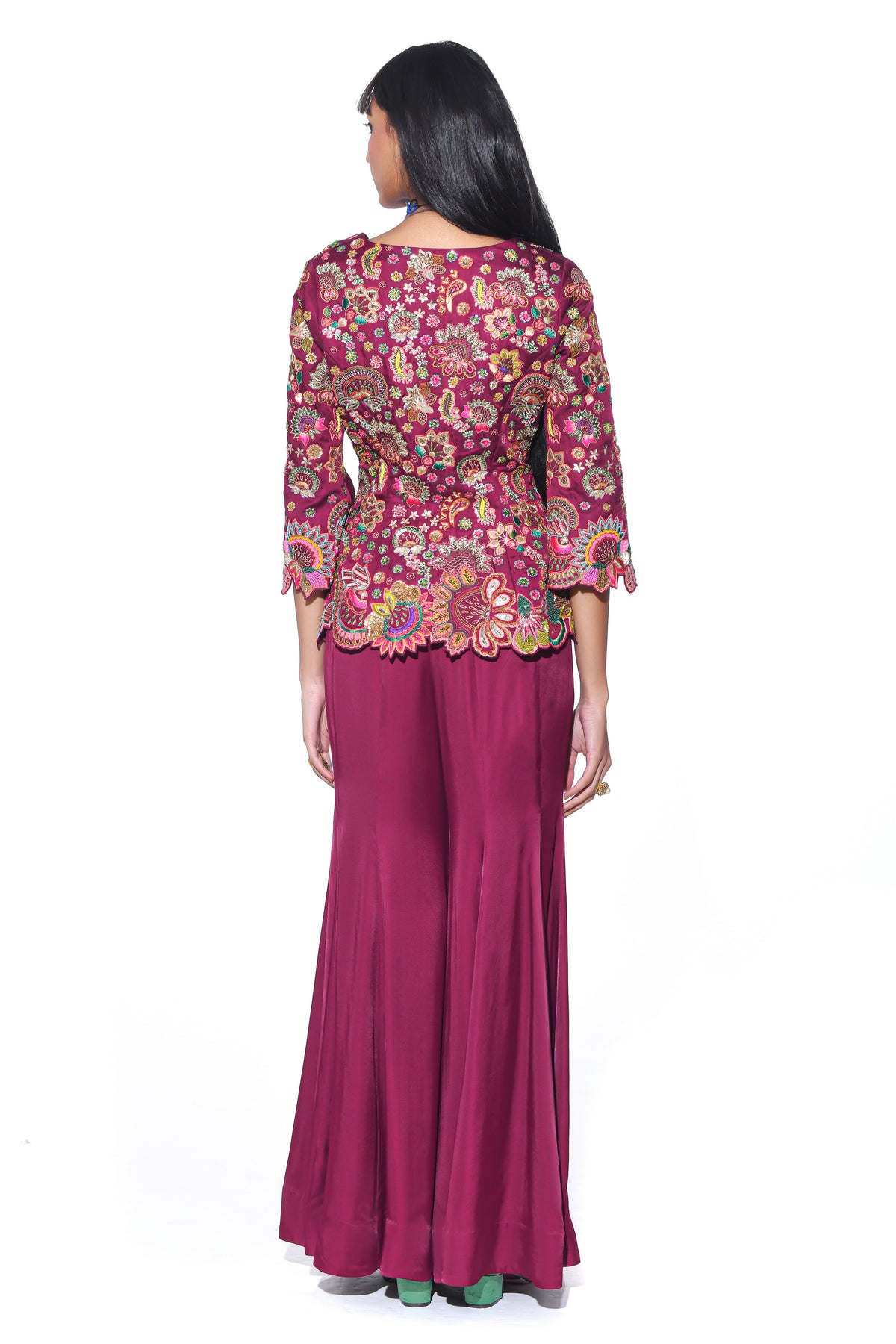 Crimson Red Embroideered Peplum Top Sharara Set