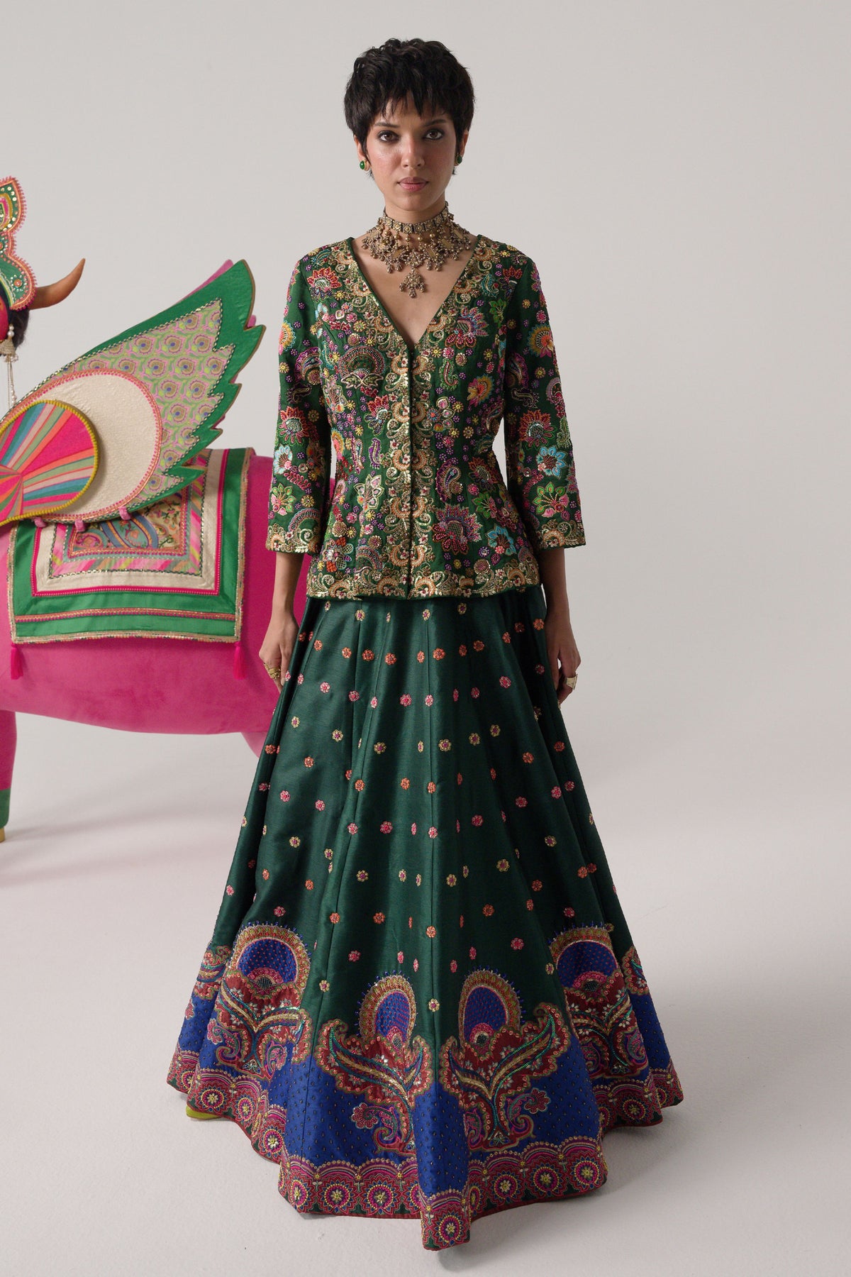 Bottle Green Embroidered Peplum Top, Lehenga Set