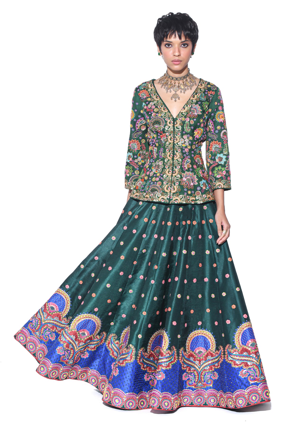 Bottle Green Embroidered Peplum Top, Lehenga Set