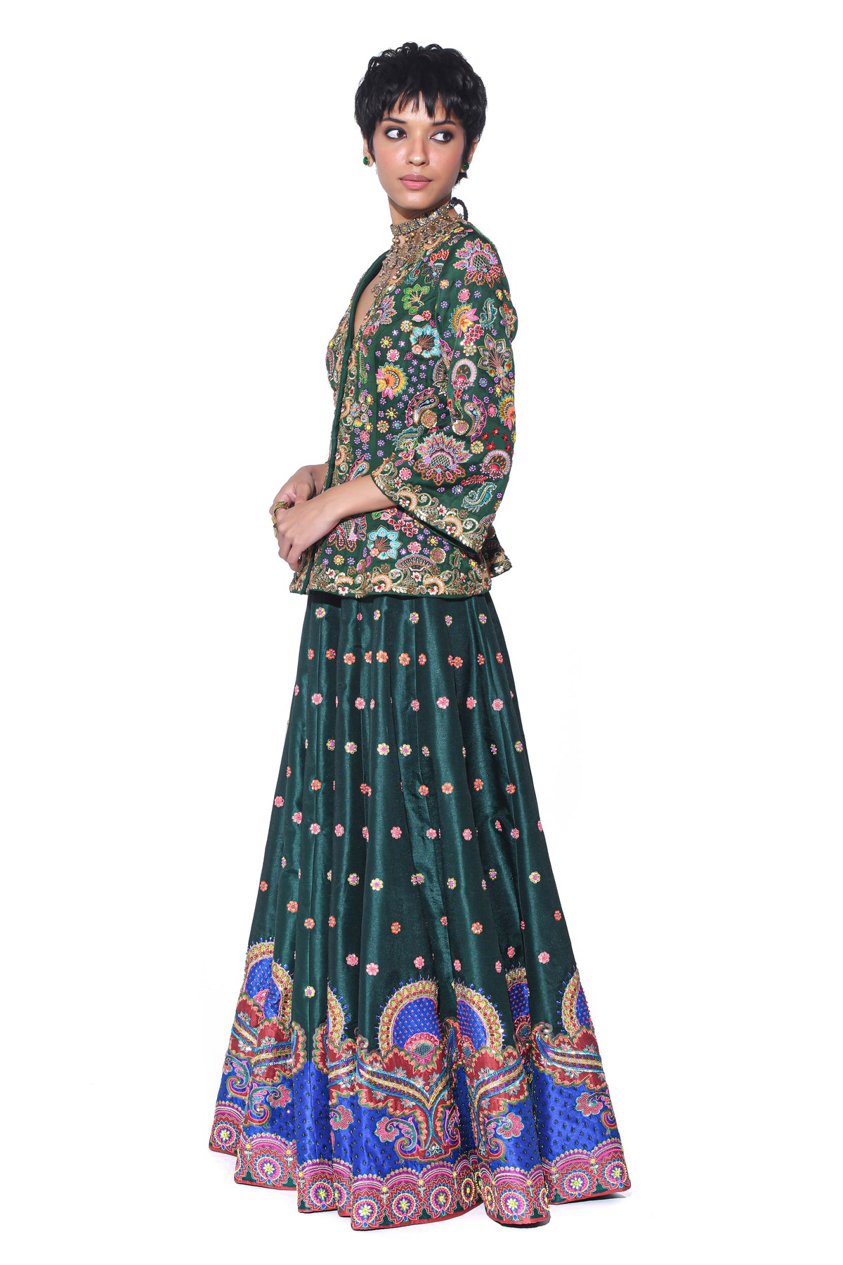 Bottle Green Embroidered Peplum Top, Lehenga Set