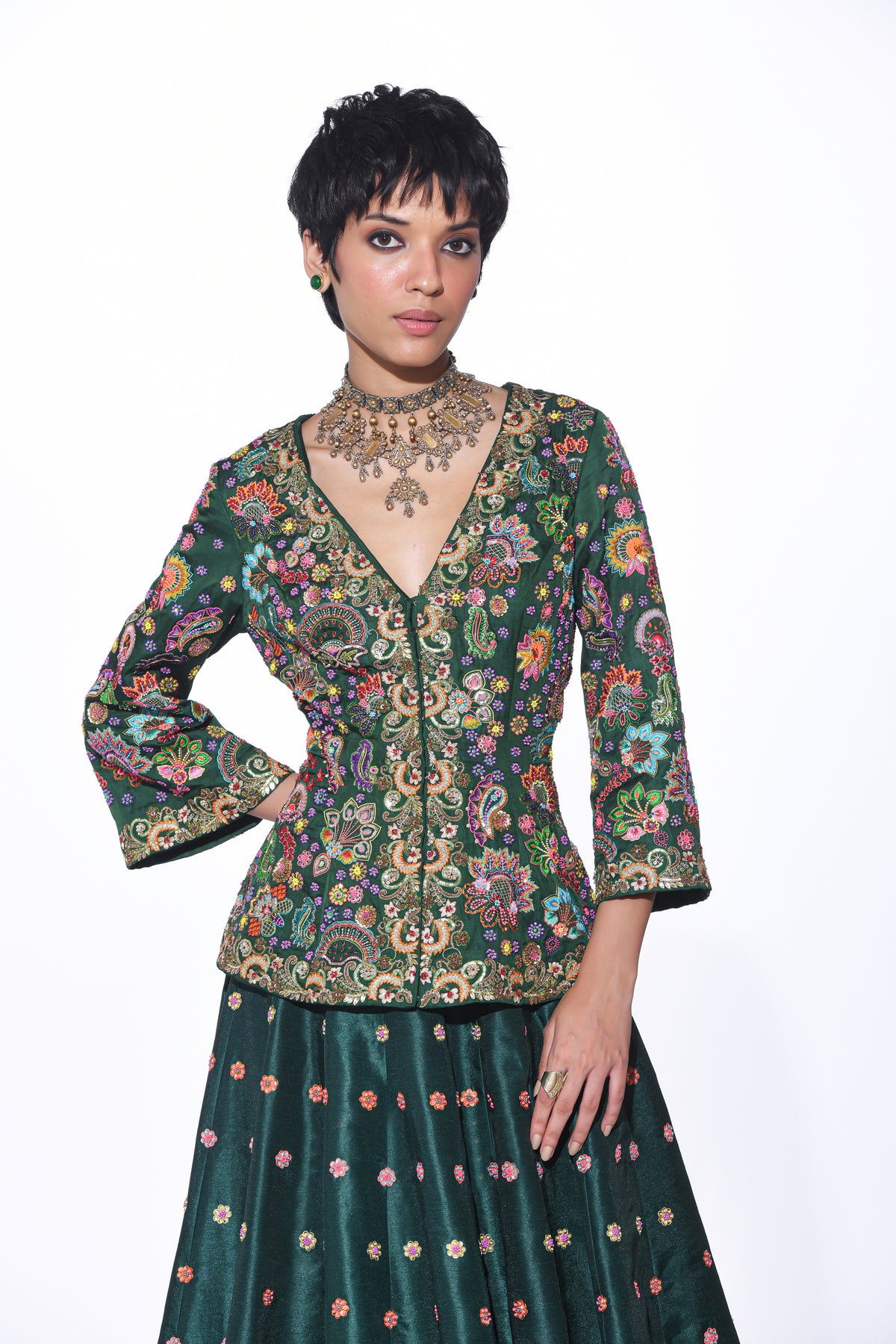 Bottle Green Embroidered Peplum Top, Lehenga Set