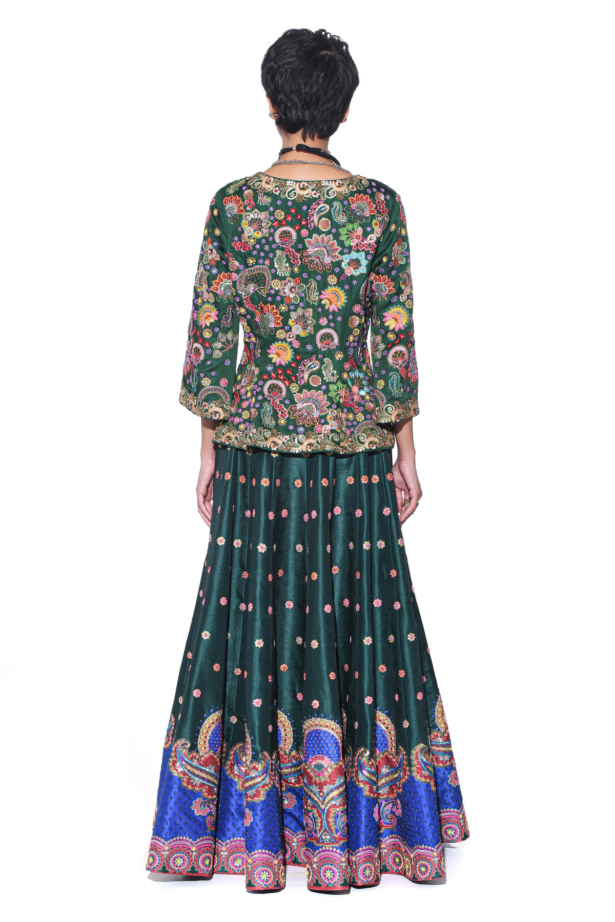 Bottle Green Embroidered Peplum Top, Lehenga Set