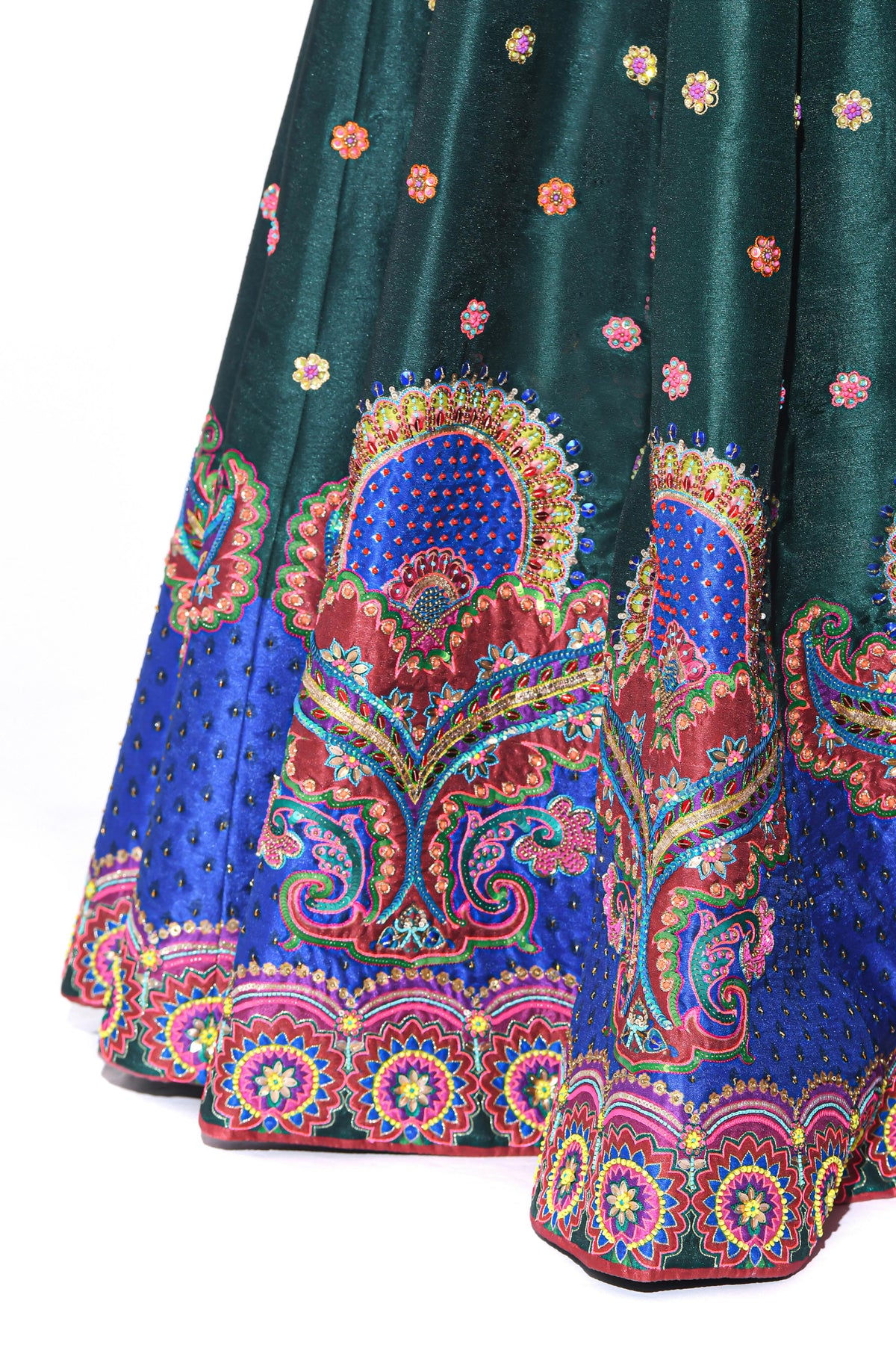 Bottle Green Embroidered Peplum Top, Lehenga Set