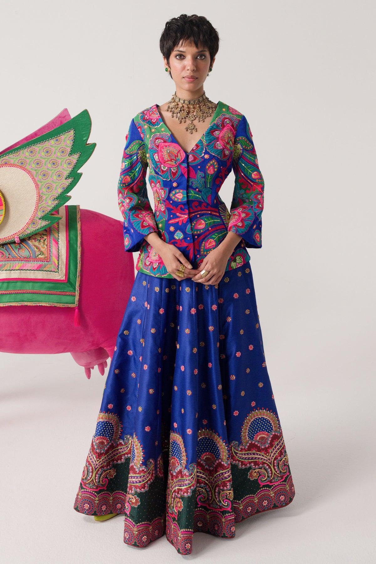 Electric Blue Embroidered Peplum Top, Lehenga Set