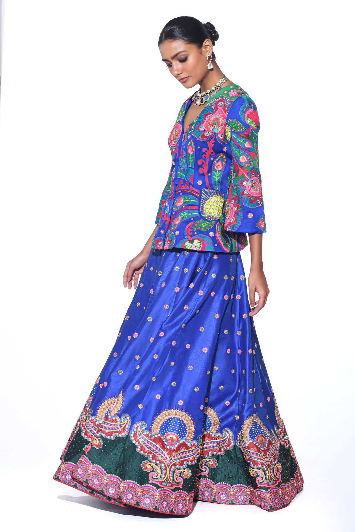 Electric Blue Embroidered Peplum Top, Lehenga Set