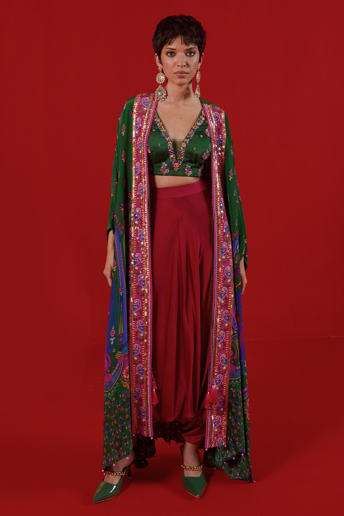Bottel Green Oversized Embroidred Shrug Set
